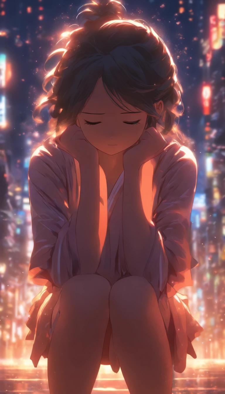 /imagine prompt: A ite girl bowing her head, sweating profusely on her forehead, surrounded by a dark atmosphere, ,32k, best quality, masterpiece, super detail, high details, by Makoto Shinkai ,in the style of the stars art group xing xing, --niji 5"