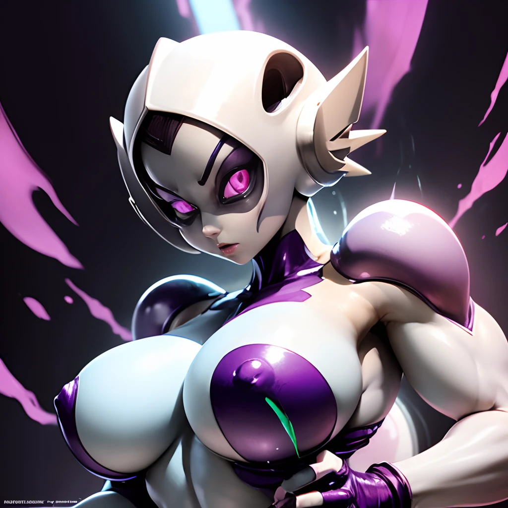 Create for me a character of the Frieza race, but sexier and with huge breasts masturbating and with white liquid in their breasts