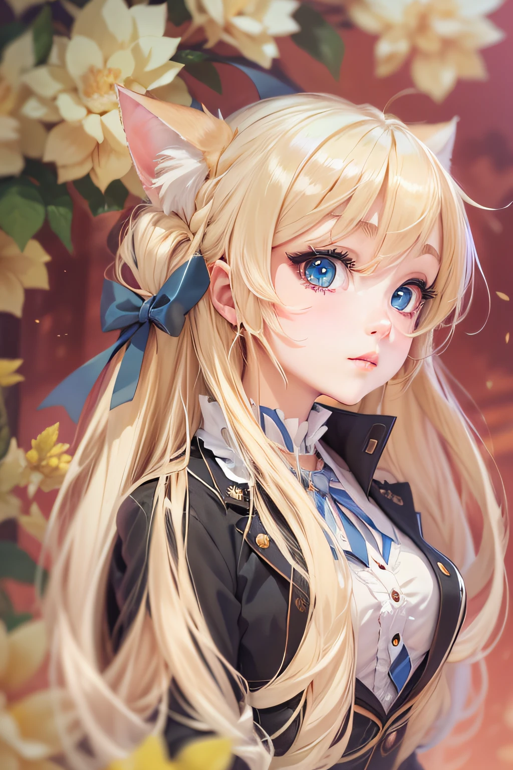 Anime girl with blonde hair and blue eyes in black suit, blonde anime girl with long hair, In an anime style, Anime Moe Artstyle, anime style portrait, Cute anime girl, an anime girl, cute natural anime face, beautiful anime high school girl, (Anime Girl), extremely cute anime girl face, attractive anime girls, cat ear, final fantasy, ribbon, anime, Art Deco, high details, HD, best quality, highres, textured skin