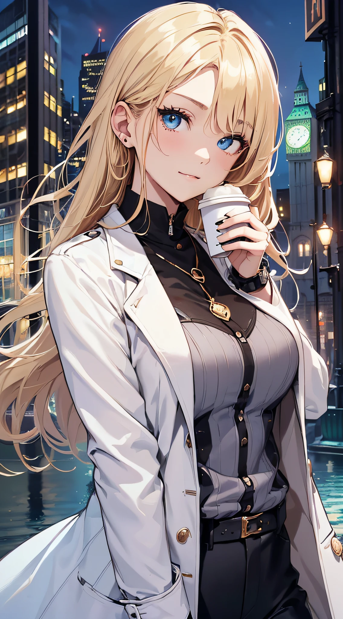 top-quality、Top image quality、​masterpiece、girl with((18year old、White Y-shirt、Stylish long coat、Black pants、Best Bust、Bust 85、a blond、Longhaire、Blue eyes、open chest wide、Valley、Happiness、Black wristband on wrist、A slender、耳Nipple Ring、The wind blows,Having a coffee、close to viewer)）hiquality、visualart、Background with((London by night))、masutepiece、
