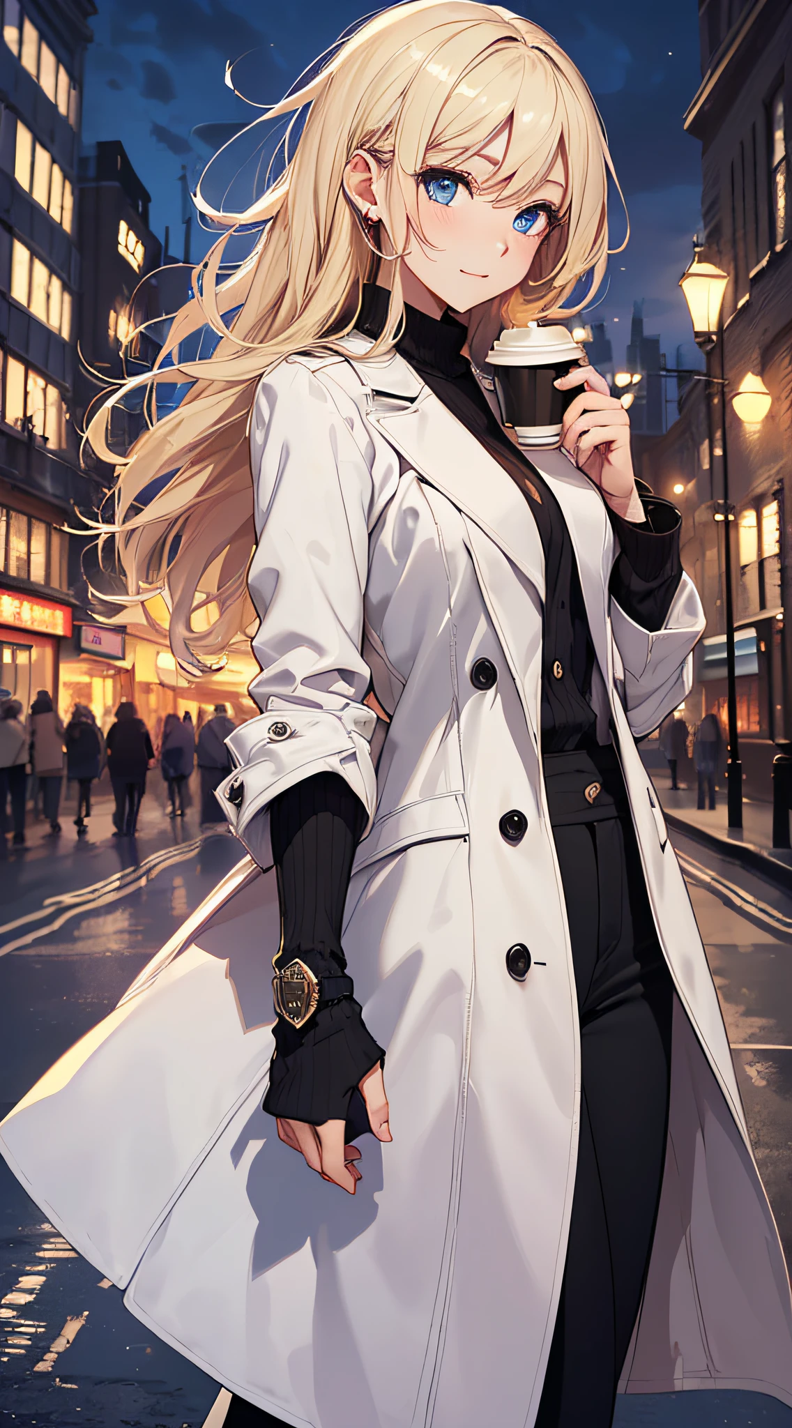 top-quality、Top image quality、​masterpiece、girl with((18year old、White Y-shirt、Stylish long coat、Black pants、Best Bust、Bust 85、a blond、Longhaire、Blue eyes、open chest wide、Valley、Happiness、Black wristband on wrist、A slender、耳Nipple Ring、The wind blows,Having a coffee、close to viewer)）hiquality、visualart、Background with((London by night))、masutepiece、