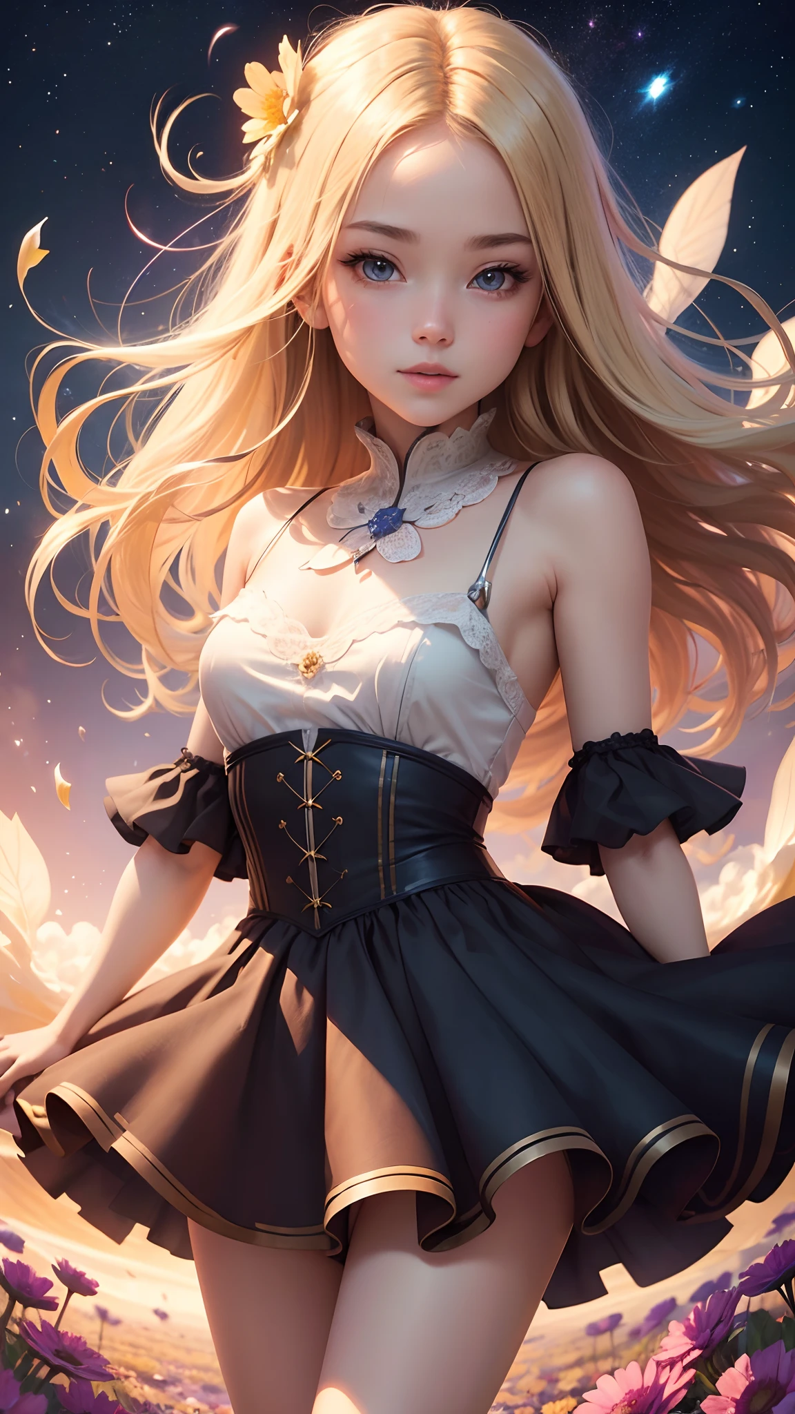 (best quality, masterpiece), 1girl, pose, particle, wind, flower, upper body, simple background, looking at viewer, blonde, galaxy,