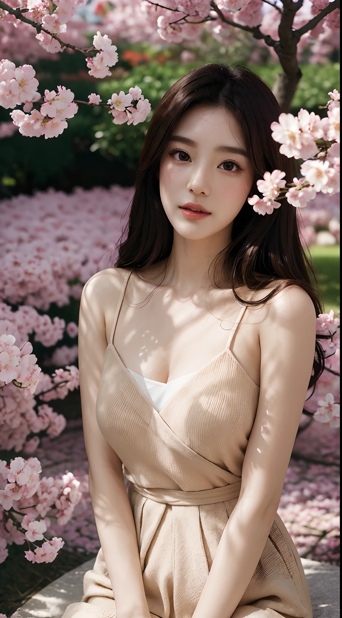 Best quality, 4K,8K,Realistic, Photorealistic, extremely detaile, An extremely delicate and beautiful, Photo, Japanese and Korean beauties，South Korean beauties，Wear JK, mini-skirts，Large breasts，perfect boobs，(Beautiful detailed eyes,beautiful detailed lips,Extremely detailed eyes and face,long eyelasher), Beautiful hair, joyful expressions, Surrounded by cherry blossom trees, Kawaii style, In a picturesque garden full of sunshine. The artwork is of the best quality, With ultra-detailed features and realistic, Realistic touch. vibrant with colors，The lighting creates a warm atmosphere, Dreamy atmosphere.