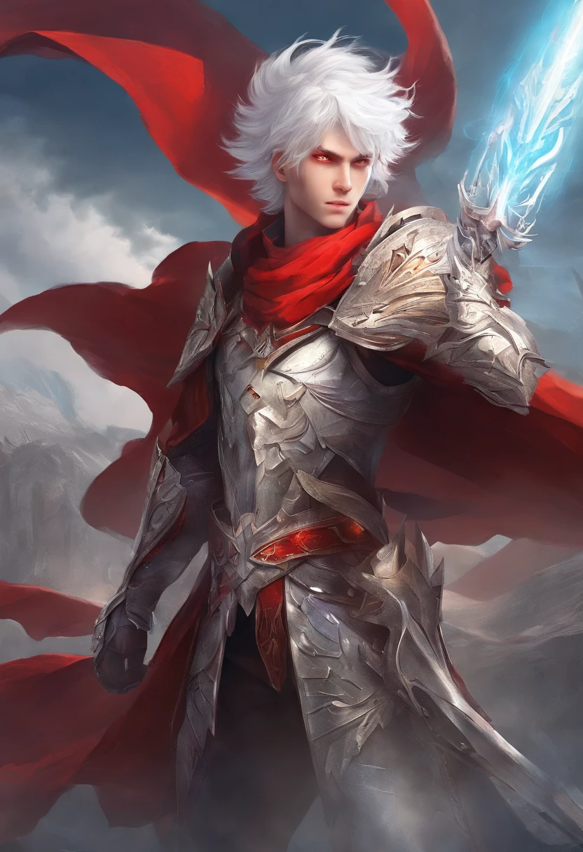 1boy, white hair. red eyes, demoic, hi-tech, red armor, red cape, dual daggers, post apocalyptic ciy, high res, ultrasharp, 8k, masterpiece, looking at viewer