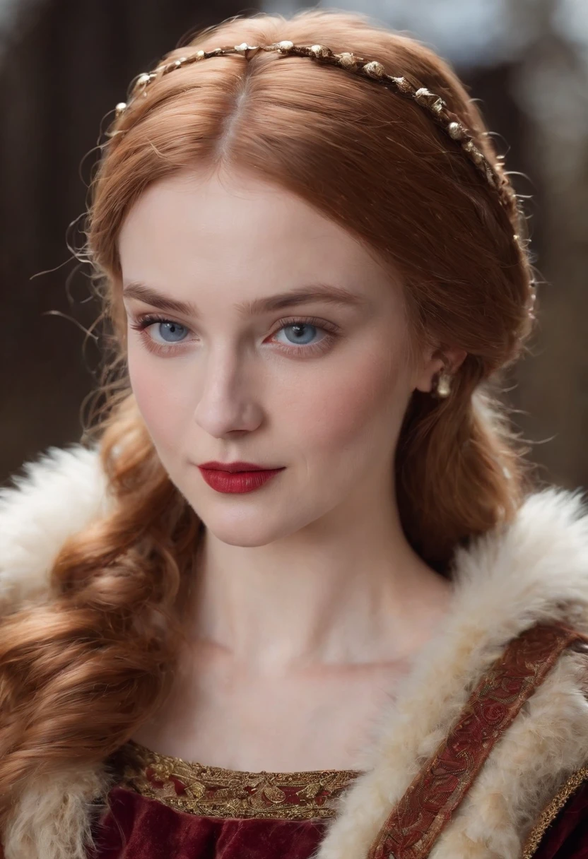 (((a deep reddish wound runs across her left cheek))) fair complexion, female around 19 years old, natural blonde short hair, distinct blue eyes, wearing a long-brimmed casquette-style hat, fascinator or white voilettes, wearing a fur coat long white, wearing black velvet gloves, slender and graceful, gorgeous, candlelight in a medieval setting, ultra sharp focus, realistic shot, medieval women's clothing, tetradic colors (scar:1.4)