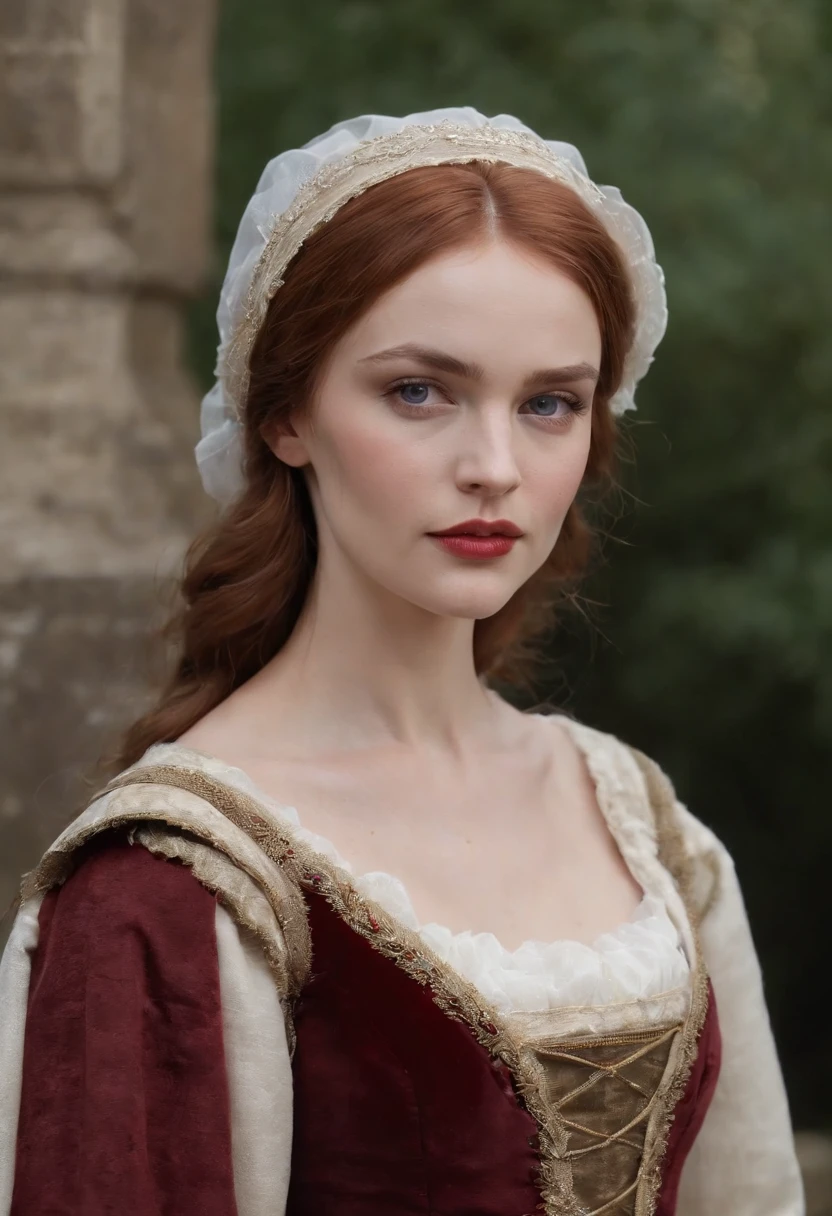 (((a deep reddish wound runs across her left cheek))) fair complexion, female around 19 years old, natural blonde short hair, distinct blue eyes, wearing a long-brimmed casquette-style hat, fascinator or white voilettes, wearing a fur coat long white, wearing black velvet gloves, slender and graceful, gorgeous, candlelight in a medieval setting, ultra sharp focus, realistic shot, medieval women's clothing, tetradic colors (scar:1.4)