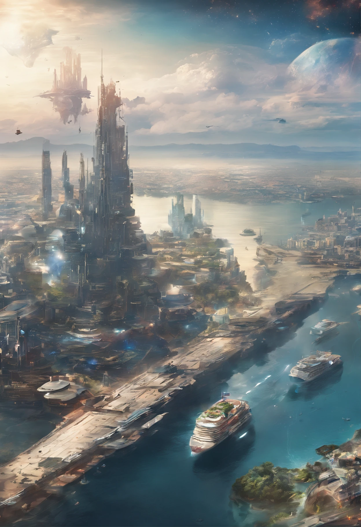 Ocean City,sense of science and technology,Future City,There are spaceships in the sky,There are giant ships in the sea,Beautiful woman overlooking the city。