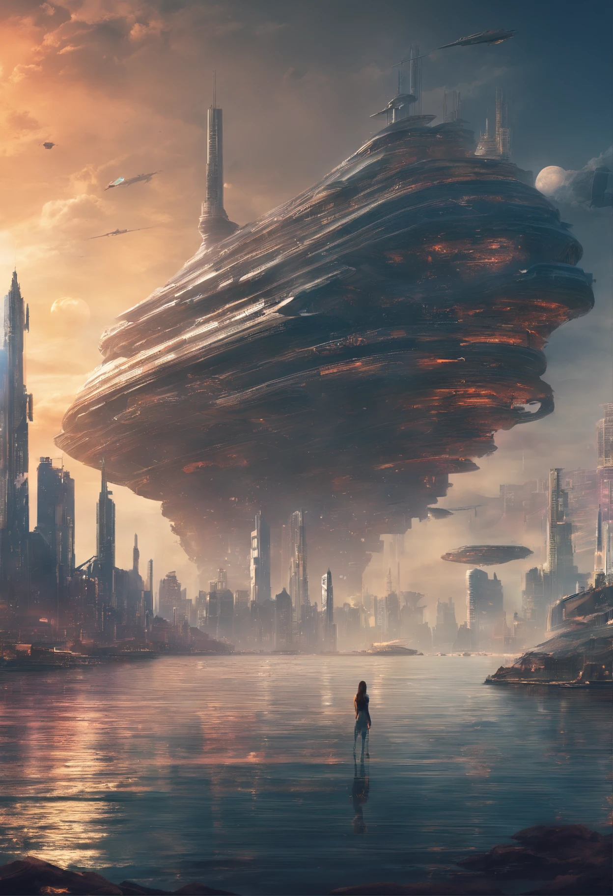 Ocean City,sense of science and technology,Future City,There are spaceships in the sky,There are giant ships in the sea,Beautiful woman overlooking the city。