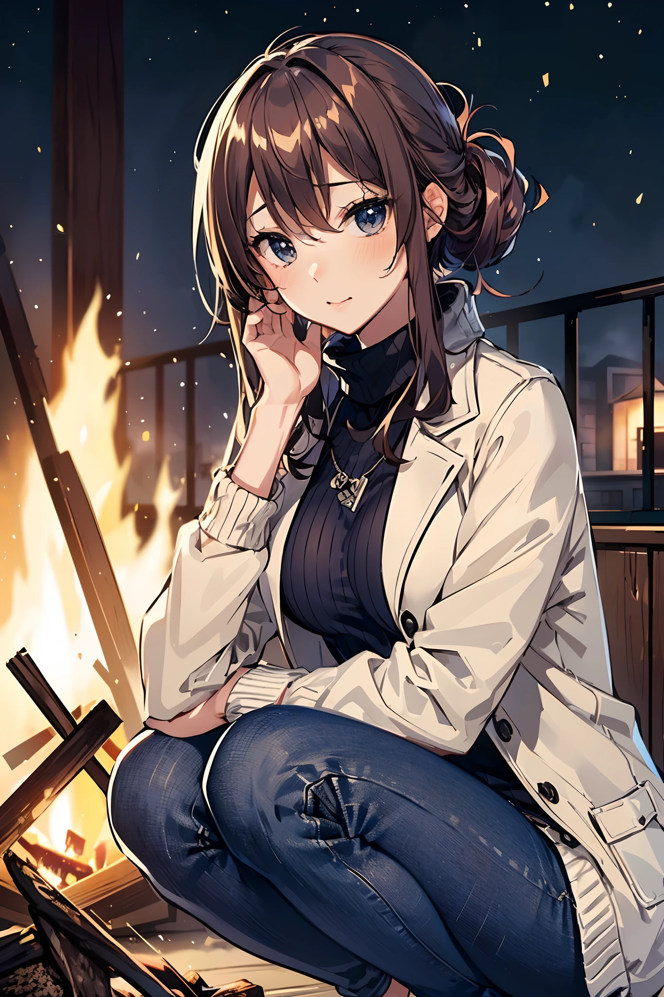 cute anime girl (sitting in front of a bonfire), cozy wallpaper, anime moe artstyle, kantai collection style, 4 k manga wallpaper, anime visual of a cute girl, anime wallaper, anime style 4 k, beautiful anime girl squatting, high quality anime artstyle, (anime girl), 🍁 cute, (wearing turtle neck cable-knit with outdoor jacket, deep navy blue skinny denim:1.3), ((dark chestnut medium short hair:1.25, updo, wavy hair)), outdoor, in a park, (blurry background, bokeh), sunset, (in a night:1.2), ((ultra high resolution, 8K RAW photo, photo realistics:1.2)), textile shading, fine detailed face, beautiful detailed eyes, (looking away, looking up night sky:1.2), (correct anatomy:1.5), (dynamic angle, long frame shot:1.3), from below, from behind,
