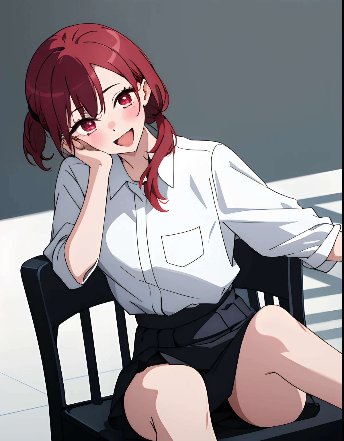 4k, Masterpiece, hight resolution, absurdress, natural volumetric lighting and better shadows, Deep depth of field, sharp-focus, Soft, Gentle, Beautiful, attractive face, [kitagawa marin with red hair|Nadia], Anime style bisquedoll, 1girl, :D, upper-body, red hair, black skirt, blusher,sitting at chair, short red hair with little ponytail, looking a viewer, black skirt, red eyes, school uniform, Shirt, exteriors, upskirt, Smile, 独奏, whitebackground, white shirt.