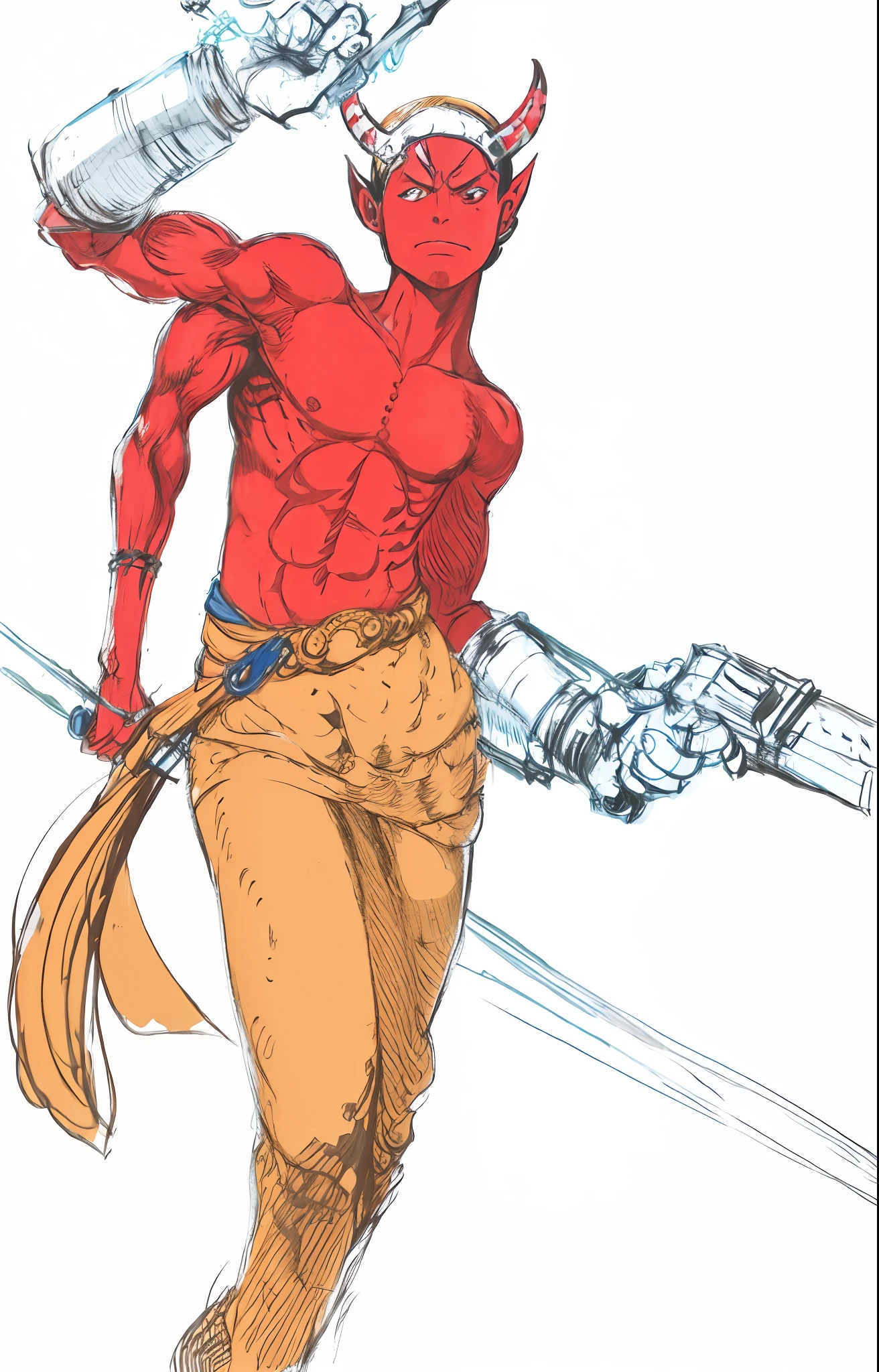 Homem alto, Pele vermelha, vermelha, nuvens, chifres, red demon 4 arms, Four arms, onepiece, espadas.