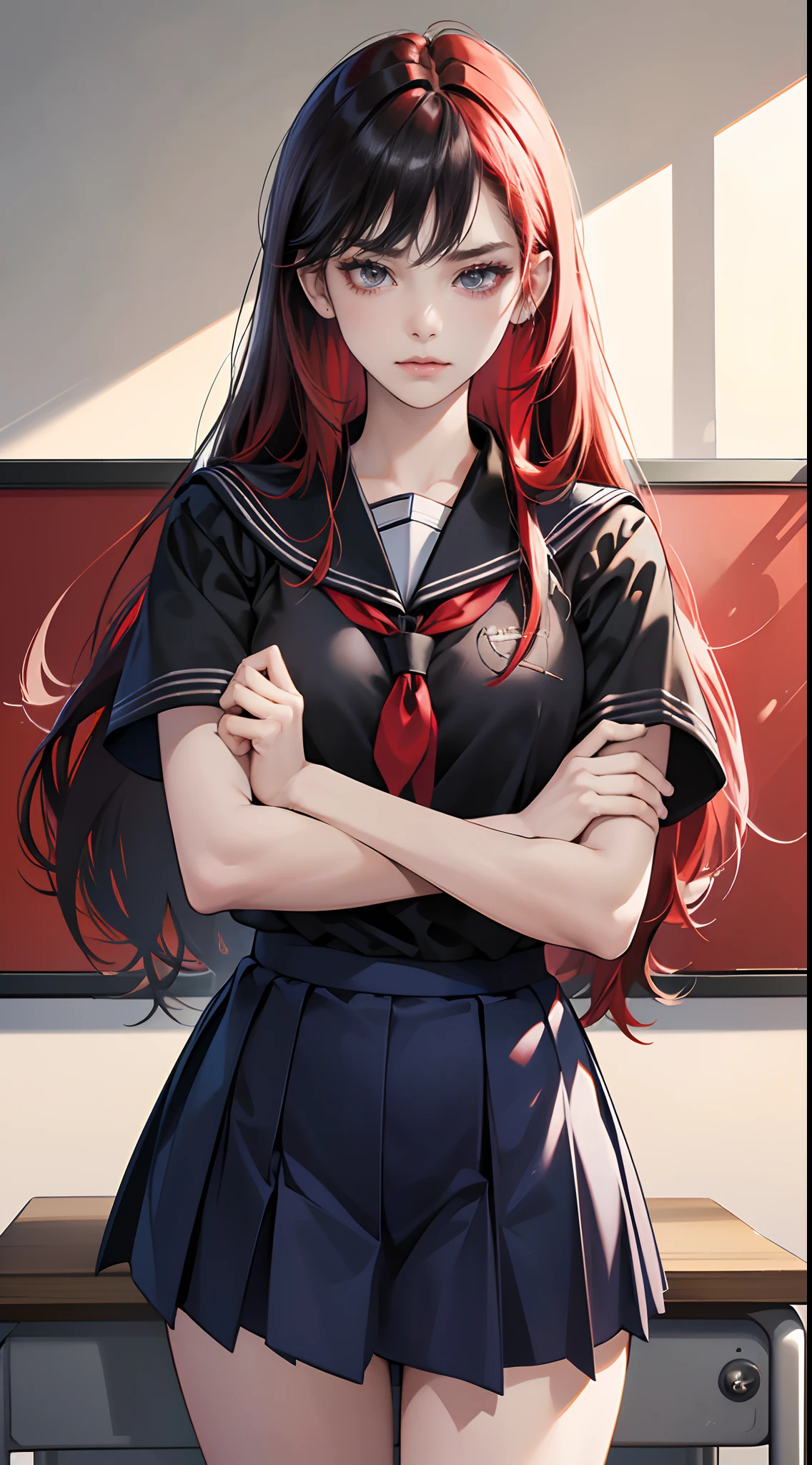 (Best Quality,4K,High resolution), 18yo woman, Red mesh hair on black hair, Long hair, Straight hair, Cool Woman, Cold eyes,sharp eye , Intricately drawn, Realistic portrayal,School classroom background,female high-school student,School Uniforms,Navy blue skirt,summer clothing, shortsleeves,Crossed arms with a sullen expression,