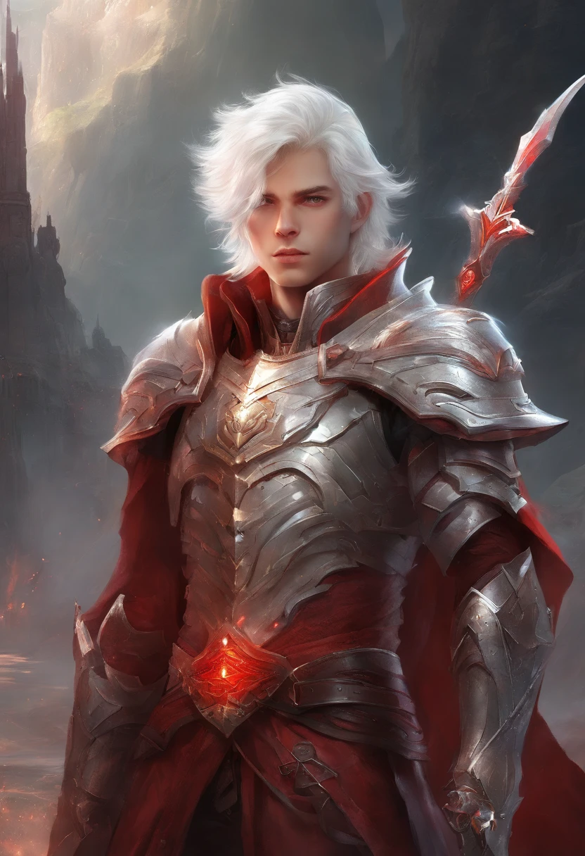 1boy, white hair. red eyes, demoic, hi-tech, red armor, red cape, dual dagger, post apocalyptic ciy, high res, ultrasharp, 8k, masterpiece, looking at viewer