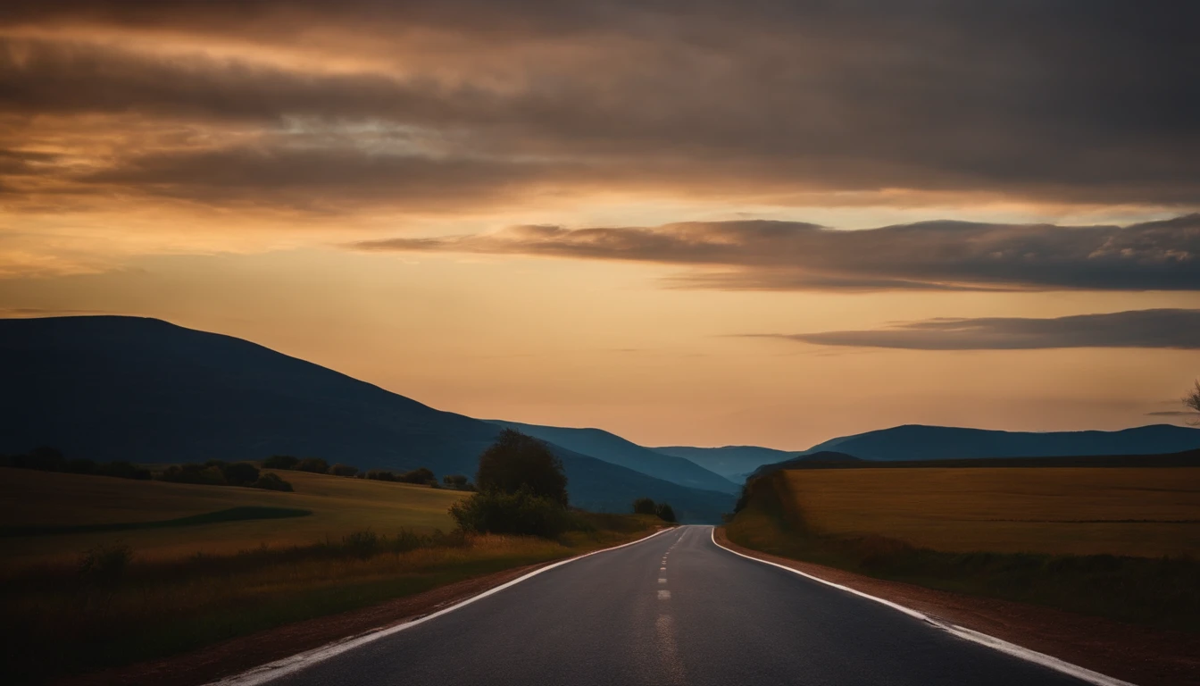 Long narrow road,Home far away,The sky turns to twilight,