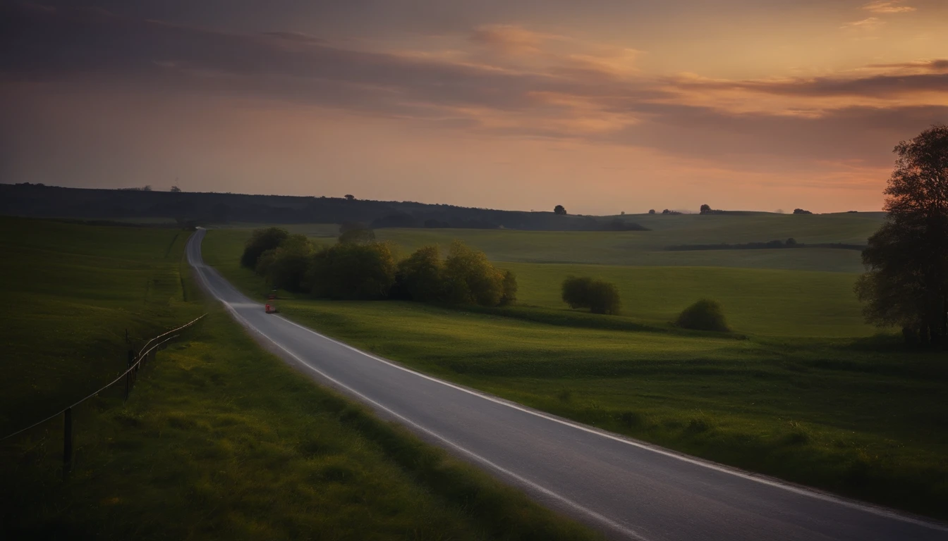 Long narrow road,Home far away,The sky turns to twilight,