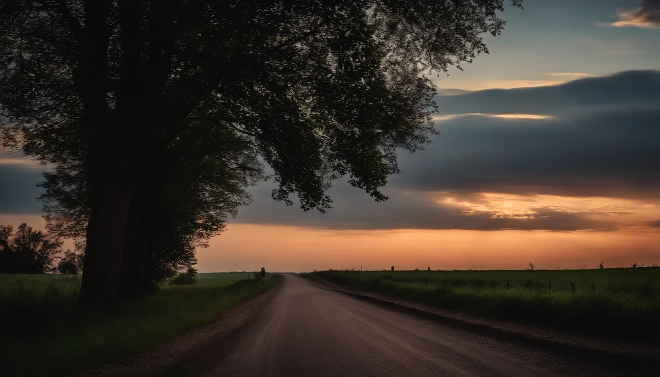Long narrow road,Home far away,The sky turns to twilight,