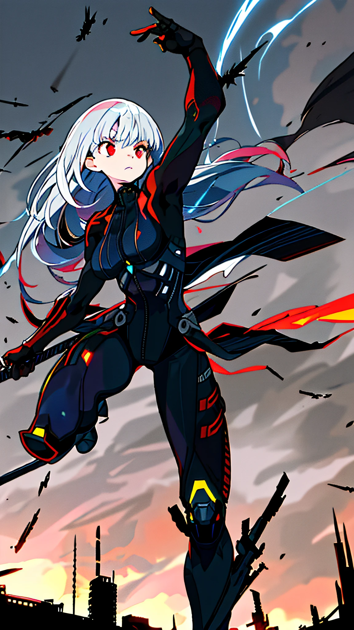best quality,ultra-detailed,realistic,1girl,solo,white long hair,Dull hair,hair straight,half updo,accessory,winged bangs,red eyes,expressionless,highres,physically-based rendering,studio lighting,tight-fitting combat suit,worn by a powerful and fierce warrior,dark and intense atmosphere,metallic textures,vivid colors,sharp focus,muscular physique,masterpiece:1.2,fast-paced action,emphasizing strength and agility,combat-ready stance,visible armor plating,elaborate stitching and detailing,on the sleek and form-fitting silhouette,striking contrast between the suit's glossy surface and the rugged environment,dynamic lighting effects,accentuating the contours of the body,fierce and determined expression in the warrior's eyes,background filled with chaos and destruction,smoke and debris in the air,ominous and dramatic atmosphere,war-torn cityscape in the distance,city engulfed in flames and destruction,dystopian setting,post-apocalyptic landscape,sci-fi elements,electric blue color scheme,glowing accents on the suit,enhancing the futuristic aesthetic,energetic and powerful poses,showcasing the warrior's combat skills and agility.