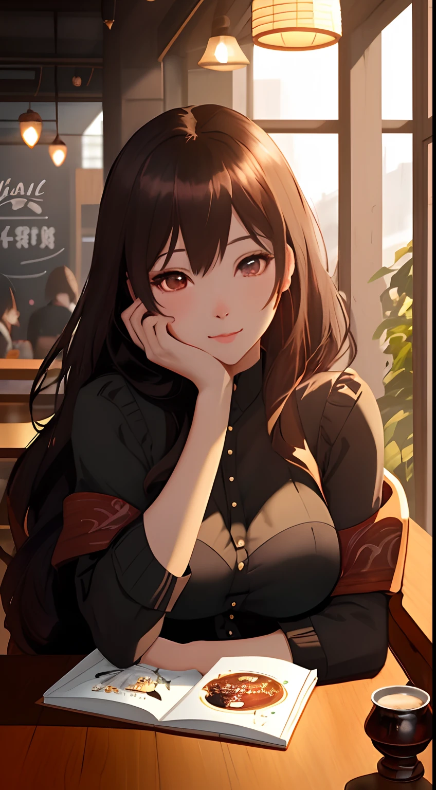 Best Category-Visual Arts: "A woman with academia outfit and cute eyes, admiringly looks at you at a dinner table set against the backdrop of New York City. The scene is in a red and orange color scheme, giving it a warm and vibrant ambiance."