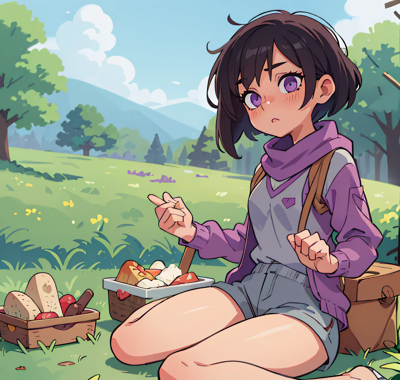 ((beste-Qualit, tmasterpiece)), 
1girl on a picnic, Yellow short hair, violet eyes, lilac sweatshirt, Grey scarf, Grey shorts. exteriors, clouds in the background, woods, picnic, 2d, fentezi