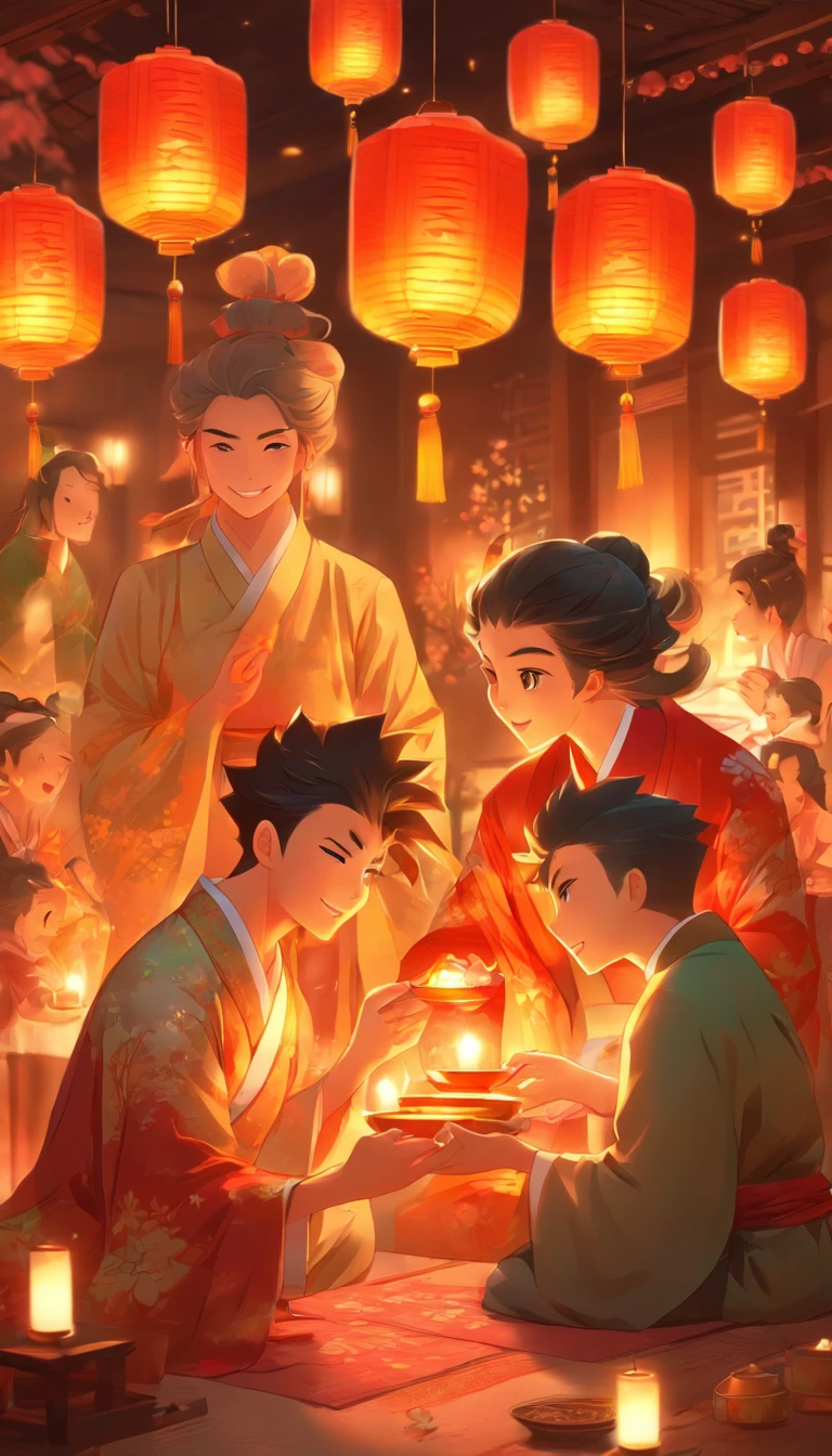 Family made at the table,Men honor their parents with gifts in their hands, , Happy family, There are mooncakes on the table,Gift in hand, tea drinking and paper lanterns, warm and joyful atmosphere, Digital illustration, Poster illustration, ???, , digital illustrations , Chinese style painting, , exciting illustration,