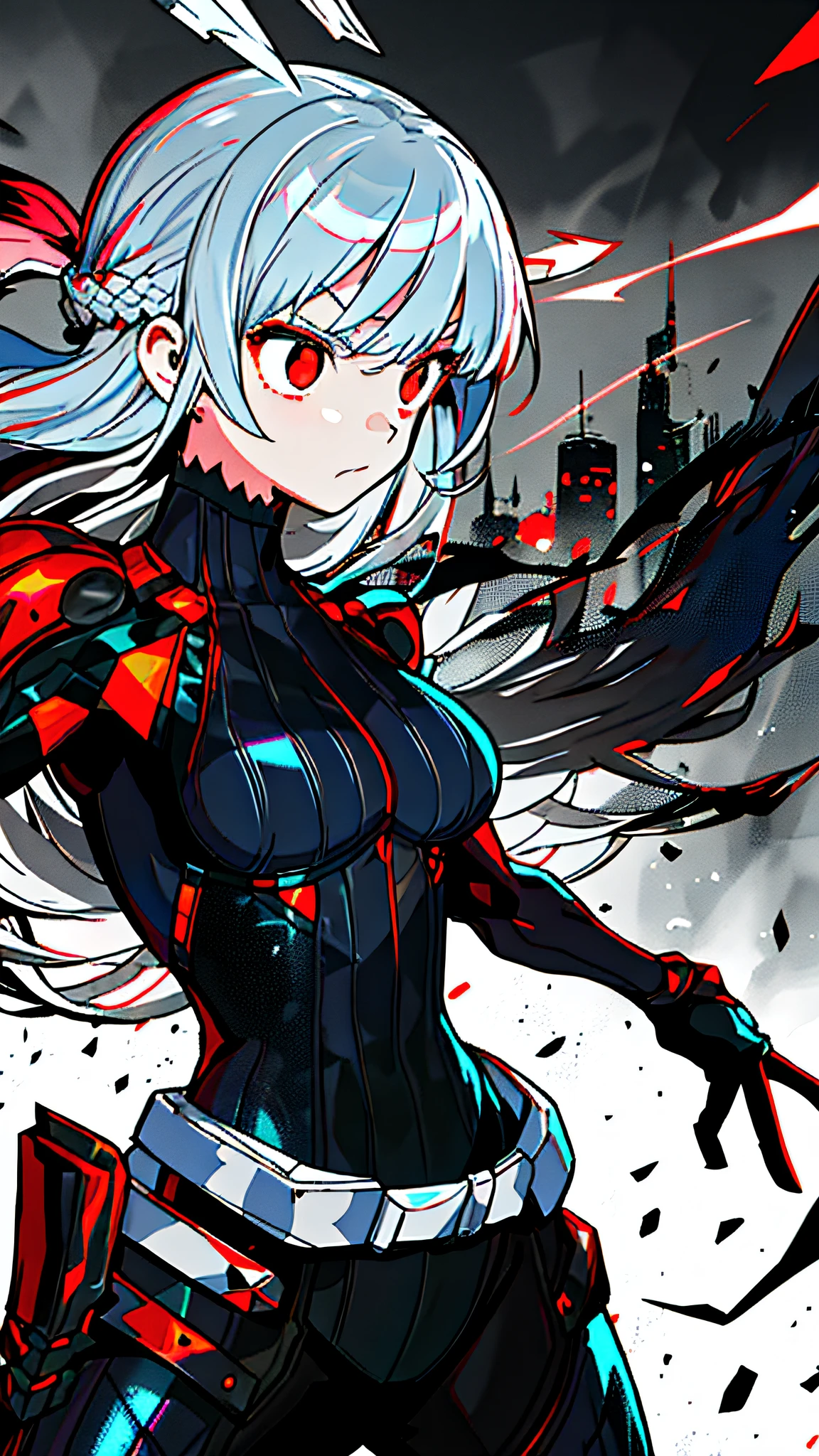 best quality,ultra-detailed,realistic,1girl，solo，white long hair,Dull hair，hair straight,half updo,accessory,winged bangs,red eyes,expressionless,highres,physically-based rendering,studio lighting,tight-fitting combat suit,worn by a powerful and fierce warrior,dark and intense atmosphere,metallic textures,vivid colors,sharp focus,muscular physique,masterpiece:1.2,fast-paced action,emphasizing strength and agility,combat-ready stance,visible armor plating,elaborate stitching and detailing,on the sleek and form-fitting silhouette,striking contrast between the suit's glossy surface and the rugged environment,dynamic lighting effects,accentuating the contours of the body,fierce and determined expression in the warrior's eyes,background filled with chaos and destruction,smoke and debris in the air,ominous and dramatic atmosphere,war-torn cityscape in the distance,city engulfed in flames and destruction,dystopian setting,post-apocalyptic landscape,sci-fi elements,electric blue color scheme,glowing accents on the suit,enhancing the futuristic aesthetic,energetic and powerful poses,showcasing the warrior's combat skills and agility.