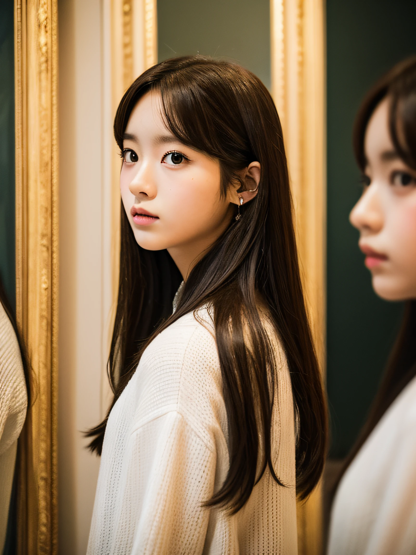 a beauty girl、Identical twin sisters、、bangss、Being in a museum、Shallow depth of field