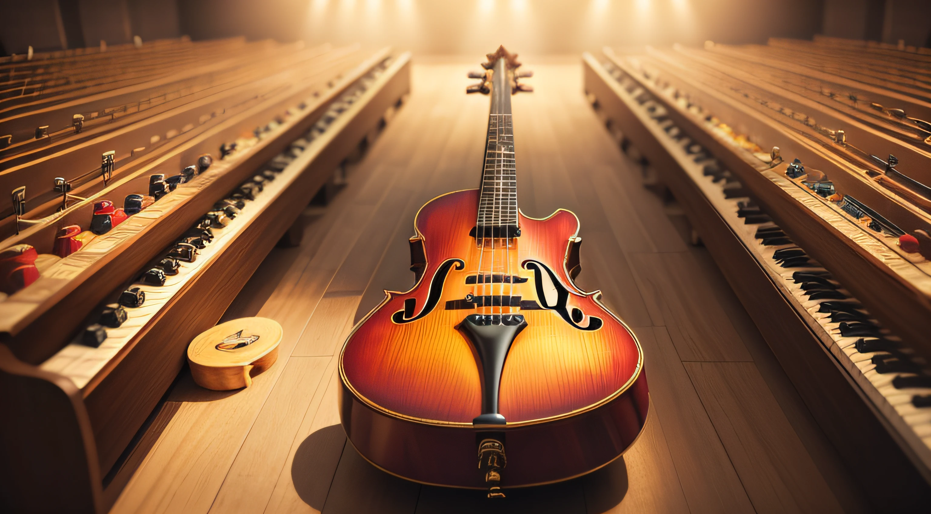 multicolored background with rock musical instruments and musical instruments from a symphony orchestra, with very clear details, super detailed, cinematic image