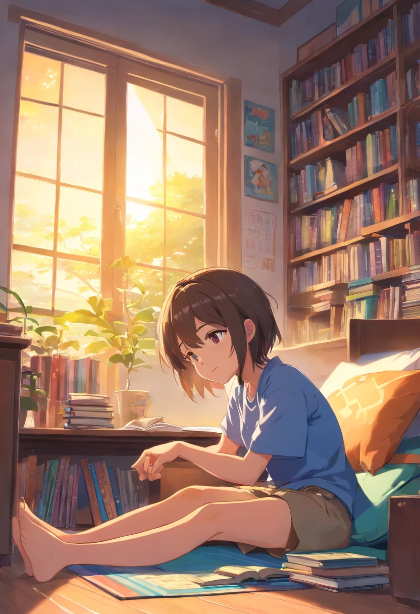 um feliz, sitting on the floor, Estudar, candlelit, quarto quente, ambiente aconchegante, livros, Notelivros, mesa, pencils, papers, colorful decorations, cartazes motivacionais, brinquedos educativos, cores brilhantes, expression joyful, concentrado, aprendizagem, Mentalidade de crescimento, estante, organizado, arrumado, Comfortable pillows, tapete macio, luz natural, sunlight streaming through the window, ambiente tranquilo, quieto, Inspirador, imagination, conhecimento, criatividade, concentrating, alegria de aprender, produtivo, cativante, energia positiva