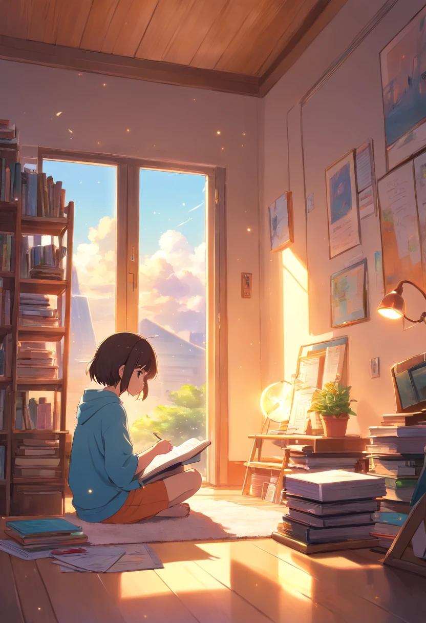 um  feliz, sitting on the floor, Estudar, candlelit, quarto quente, ambiente aconchegante, livros, Notelivros, mesa, pencils, papers, colorful decorations, cartazes motivacionais, brinquedos educativos, cores brilhantes, expression joyful, concentrado, aprendizagem, Mentalidade de crescimento, estante, organizado, arrumado, Comfortable pillows, tapete macio, luz natural, sunlight streaming through the window, ambiente tranquilo, quieto, Inspirador, imagination, conhecimento, criatividade, concentrating, alegria de aprender, produtivo, cativante, energia positiva