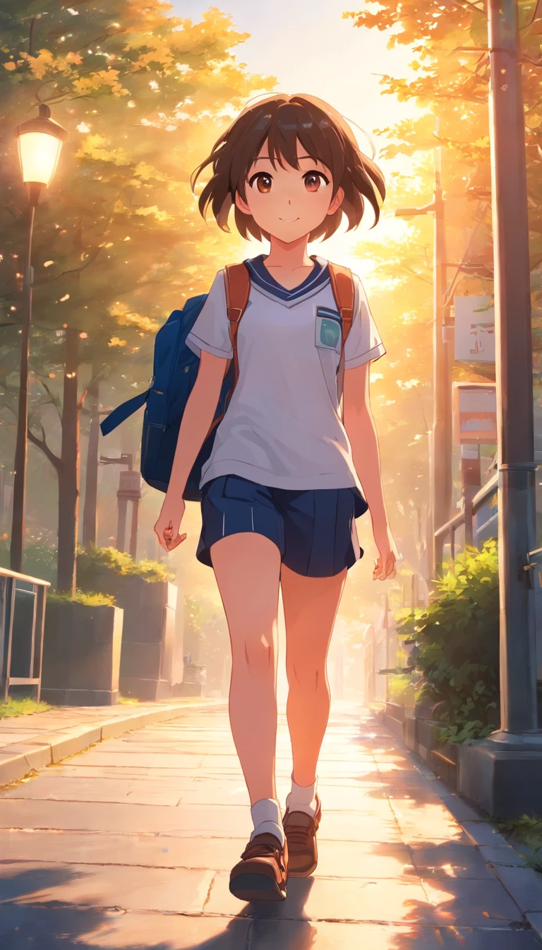 A cheerful little girl,Carrying a school bag,Hold the straps of the bag with both hands,Wear a white top, Dark sweatpants, and school uniforms,Greeting the rising sun,Walk towards the school