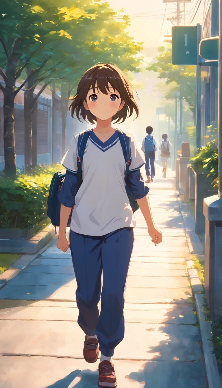 A cheerful little girl，Carrying a school bag，Hold the straps of the bag with both hands，Wear a white top, Dark sweatpants, and school uniforms，Greeting the rising sun，Walk towards the school