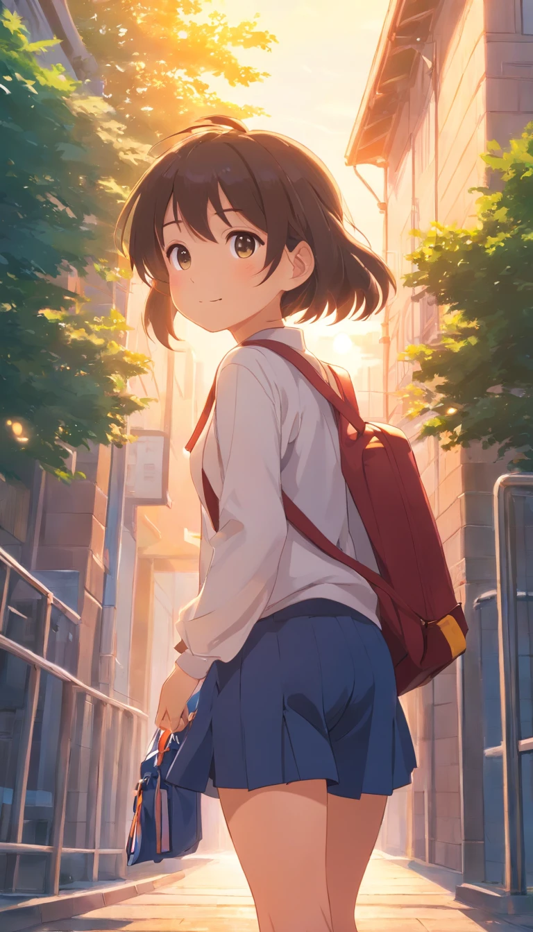 A cheerful little girl,Carrying a school bag,Hold the straps of the bag with both hands,Wear a white top, Dark sweatpants, and school uniforms,Greeting the rising sun,Walk towards the school