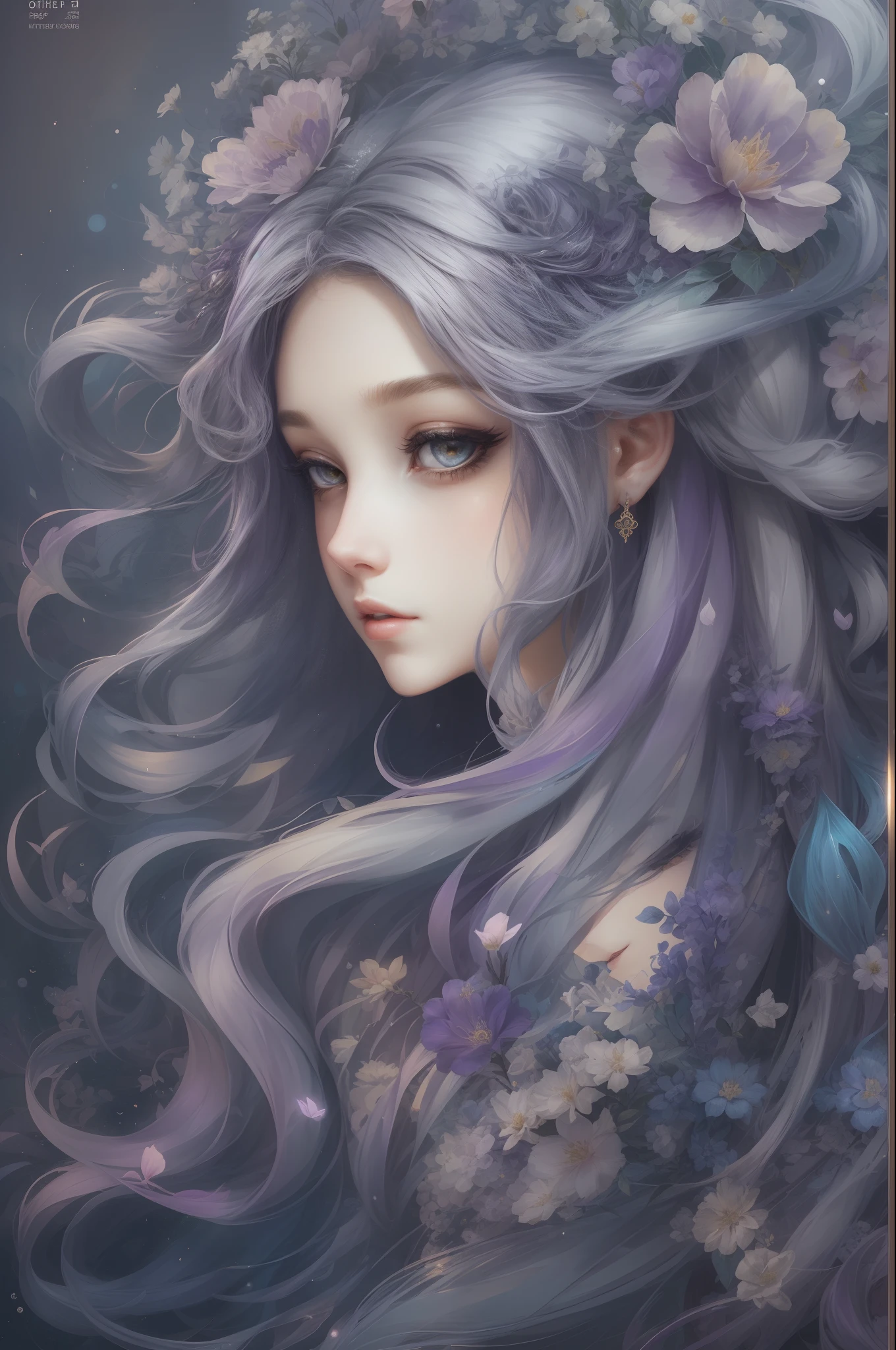 ((Gorgeous 18-year-old princess)),(She has long flowing purple-gray hair),(Bright and beautiful eyes),trendding on artstation,Flowers of hope,ultra-detailliert,insanely details, Amazing, complex, elite, Art Nouveau, a gorgeous, Dreamy,Liquid wax, Luxurious, Ink style, a sticker, Vector art beautiful character design, Dual exposure shooting, Luminous design, winning artwork, tmasterpiece, AMOLED black background,optic
