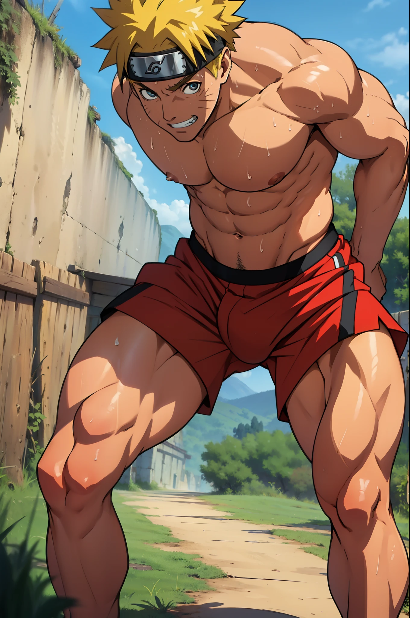 (photo angle from bottom up) [Anime photo][highest quality photo][4k,HD photo quality] (Close-up of muscular thigh muscles)( wearing tight triangle underwear revealing thigh muscles  snake, muscular thighs, sinewy thighs) ,Uzumaki Naruto happy,bodybuilder,bodybuilding, standing,shiny skin, rosy skin, red skin lots of sweat flowing down, topless, shirtless, hot sunny , two  hands behind your back