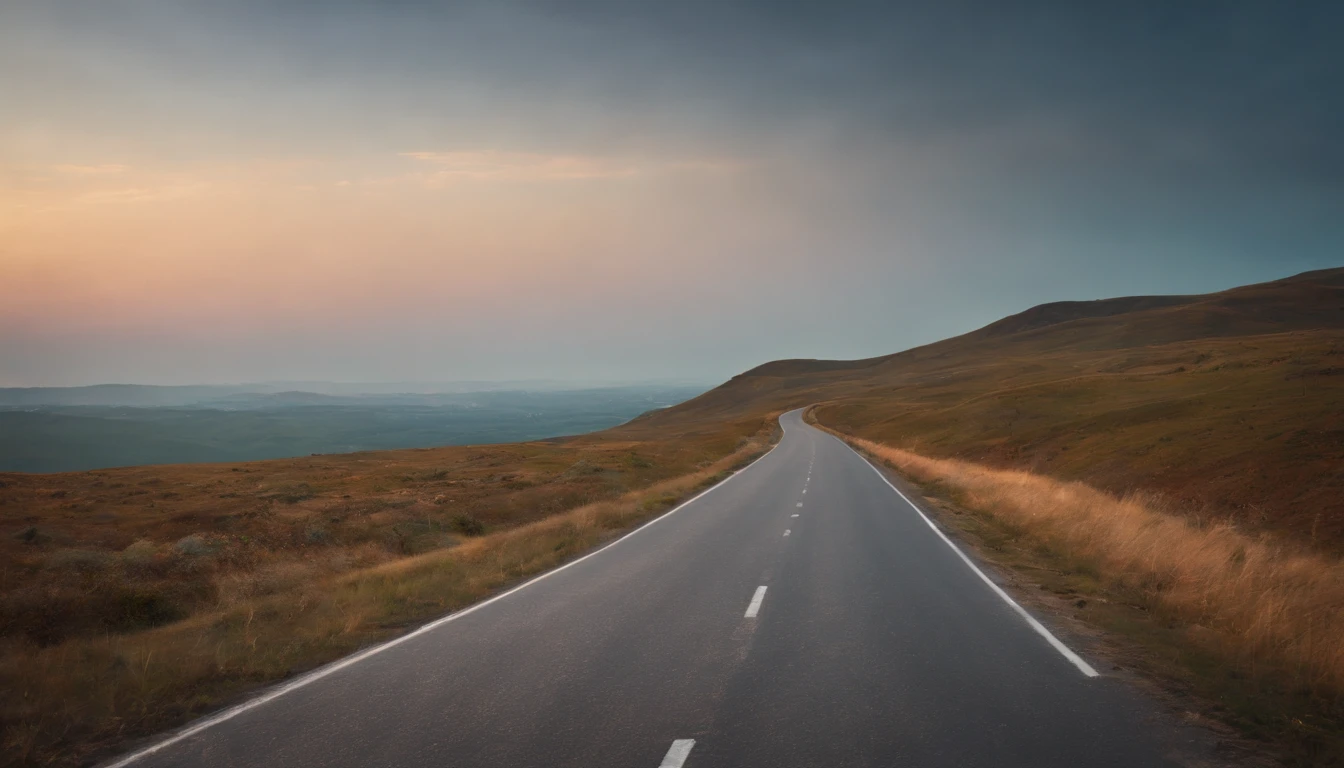 Elongated road,Distant home,The sky changes to dusk,