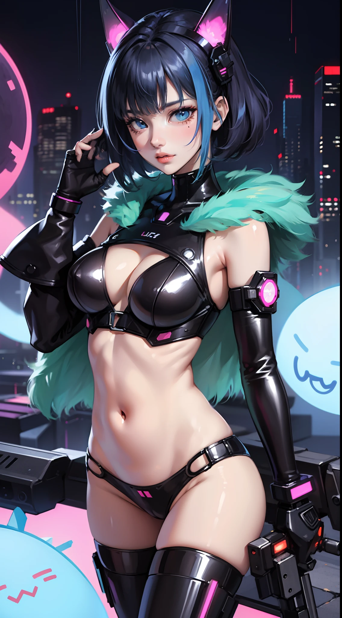 a female Nsfw cyborg,erotic posing,doujin,hentai,kawaii,stylish,pussy,busty, pubic hair,glamour,blue color tone,psychedelic costume,armored,A Cyberpunk dystopian girl,fantasic dystopia,dystopian scape,bladerunner,ghost in the shell,photorealistic,psychedelic colourful tone,posing,armed,guns,weapons,masterpiece,ultimate detailed,8k,detailed background