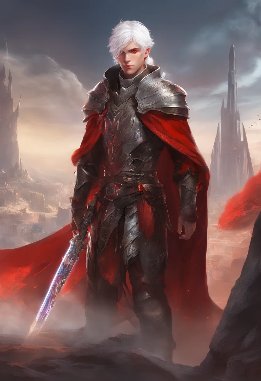 1boy, white hair. red eyes, demoic, hi-tech, red armor, red cape, dual wileder daggers, post apocalyptic ciy, high res, ultrasharp, 8k, masterpiece, looking at viewer