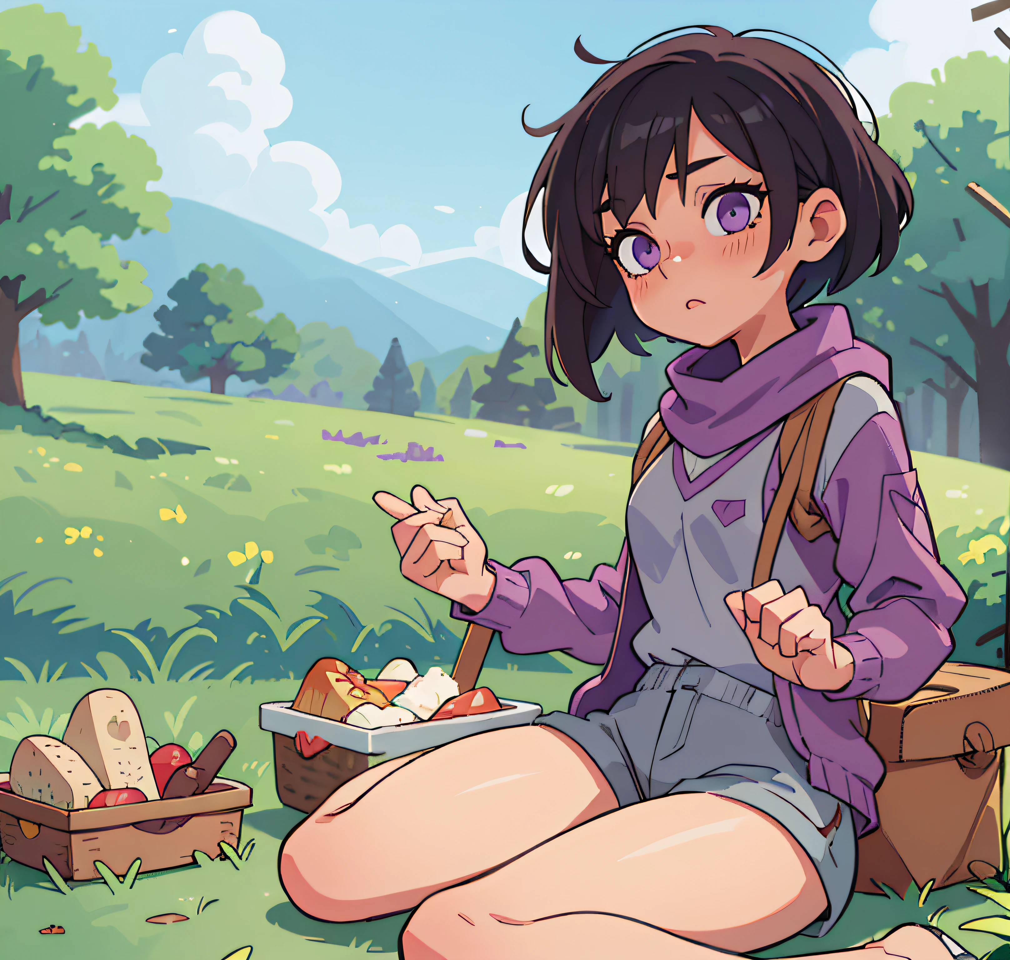 ((beste-Qualit, tmasterpiece)),
1girl on a picnic, Yellow short hair, violet eyes, lilac sweatshirt, Grey scarf, Grey shorts. exteriors, clouds in the background, woods, picnic, 2d, fentezi