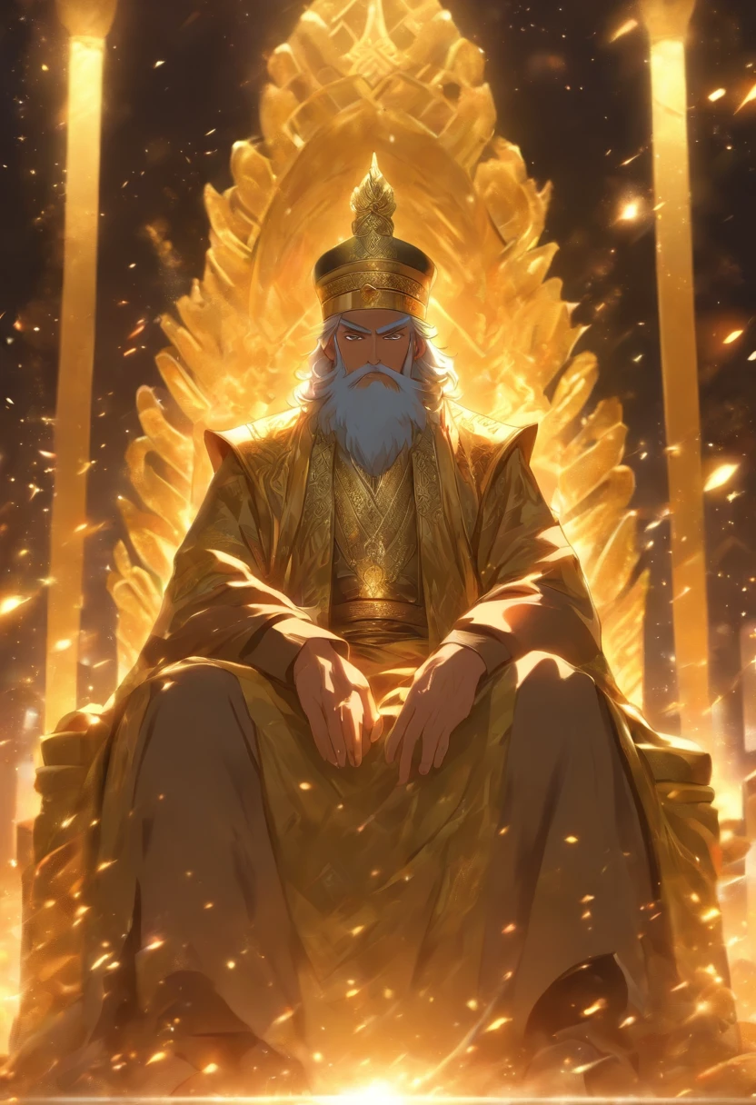 /imagine prompt: A majestic Islamic leader sitting on a golden throne, with a huge Islamic flag behind him, and a humble disciple kneeling before him, ,32k, best quality, masterpiece, super detail, high details, by Makoto Shinkai ,in the style of the stars art group xing xing, --niji 5"