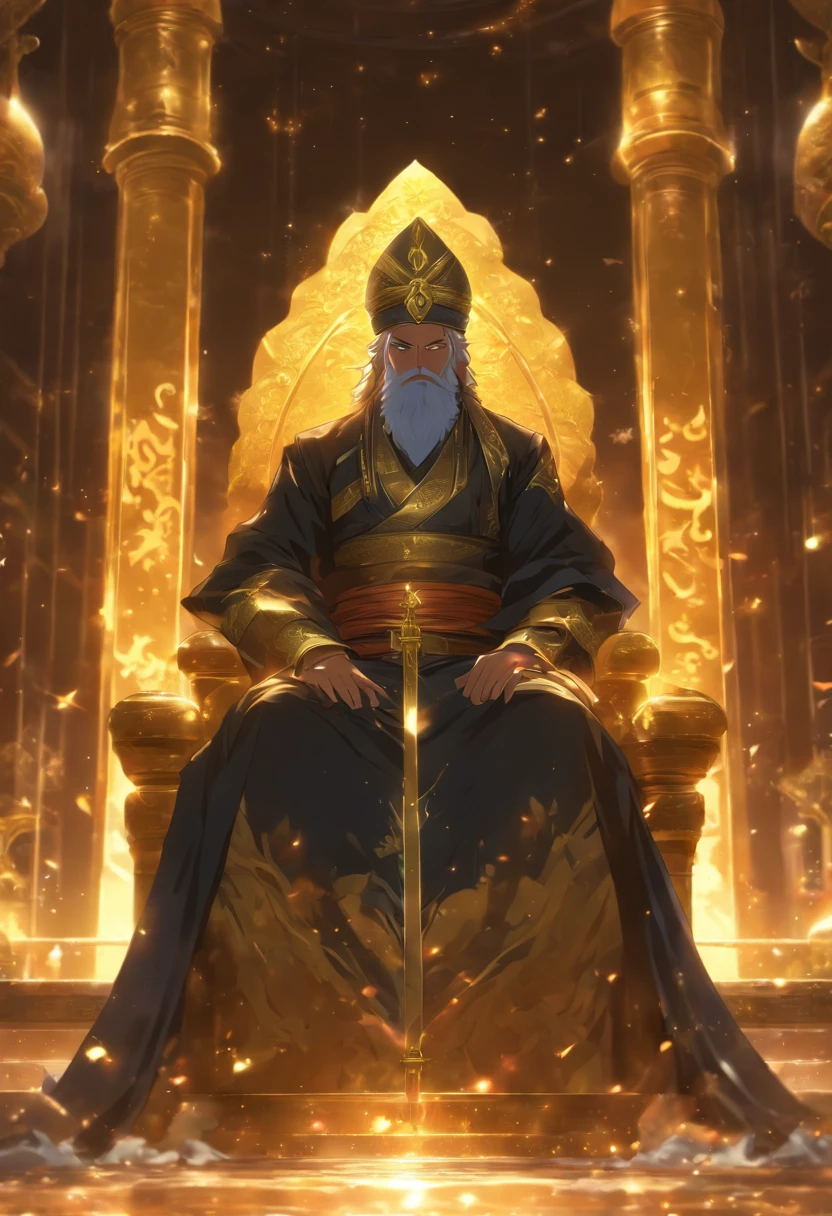 /imagine prompt: A majestic Islamic leader sitting on a golden throne, with a huge Islamic flag behind him, and a humble disciple kneeling before him, ,32k, best quality, masterpiece, super detail, high details, by Makoto Shinkai ,in the style of the stars art group xing xing, --niji 5"