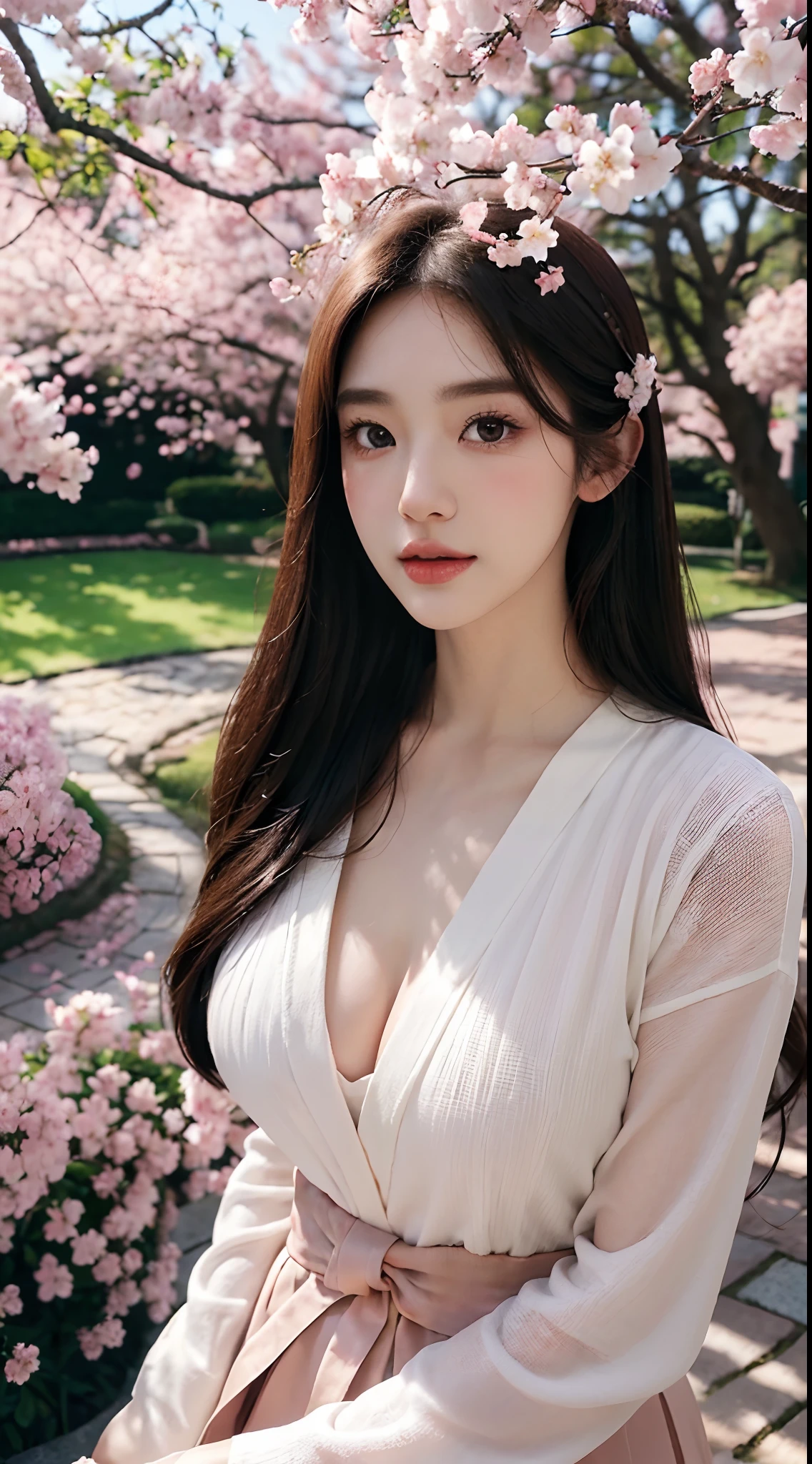 Best quality, 4K,8K,Realistic, Photorealistic, extremely detaile, An extremely delicate and beautiful, Photo, Japanese and Korean beauties，South Korean beauties，Wear JK, mini-skirts，Large breasts，perfect boobs，(Beautiful detailed eyes,beautiful detailed lips,Extremely detailed eyes and face,long eyelasher), Beautiful hair, joyful expressions, Surrounded by cherry blossom trees, Kawaii style, In a picturesque garden full of sunshine. The artwork is of the best quality, With ultra-detailed features and realistic, Realistic touch. vibrant with colors，The lighting creates a warm atmosphere, Dreamy atmosphere.