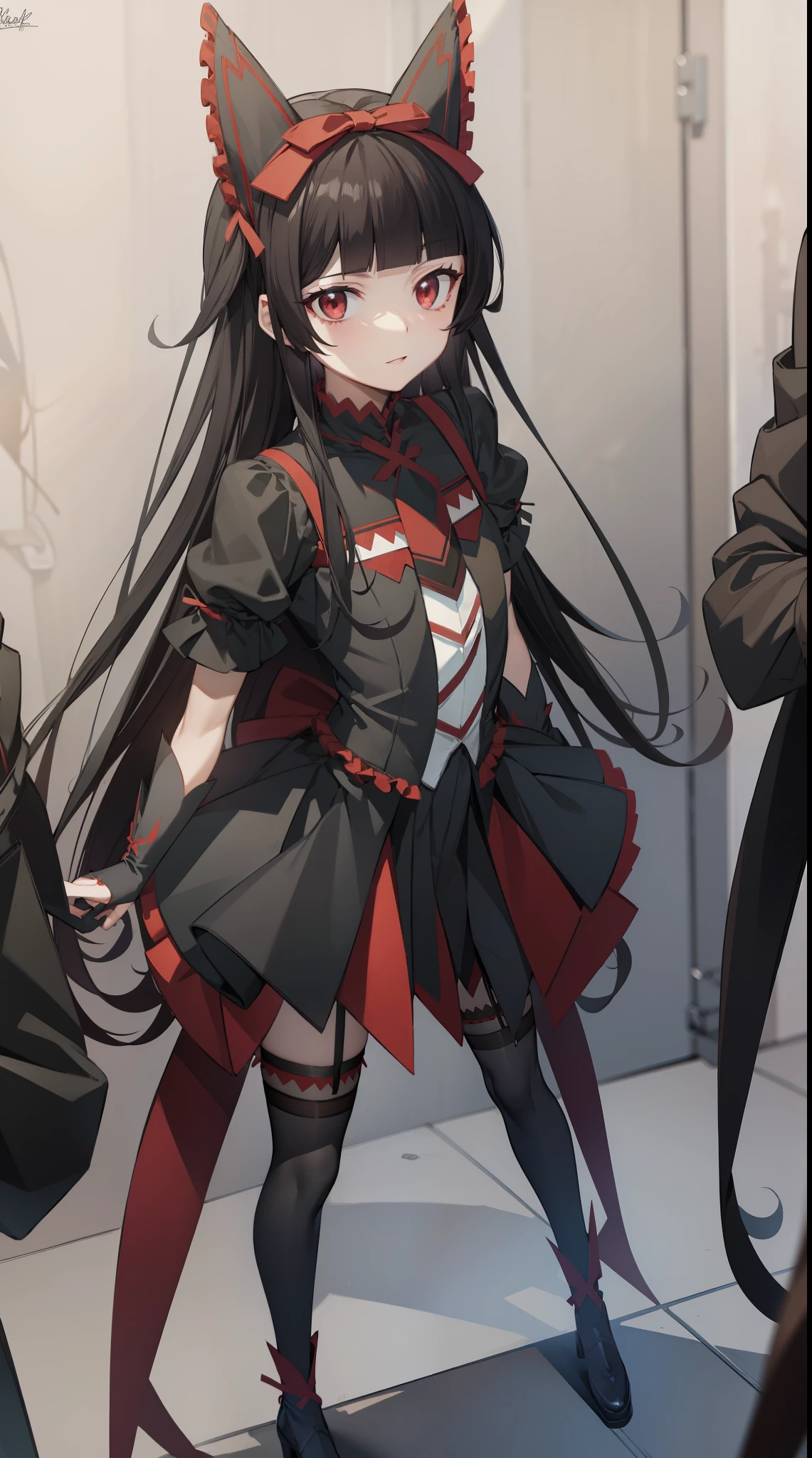 RoryMercury, Rory Mercury, black hair, blunt bangs, hime cut, hair ornament, lipstick, hairlong, cute face, makeup, (small chest:1.2), (red eyes:1.5), BREAK Gothic underwear, BREAK Full Height, red shoes, BREAK Black Stockings, Black Gloves BREAK, black thighs, garter straps, gloves, gotik, Hair Bow, gothic fashion, puffy short sleeves, puffy sleeves, short sleeves, thights, thights, BREAK in the fresh air, night city, BREAK looks at the viewer, BREAK (Masterpiece:1.2), Best Quality, High Resolution, Unity 8k壁纸, (illustartion:0.8), (beautiful detail eyes:1.6), extremely detailed face, perfect lighting, extremely detailed CGI, (perfect arms, perfect anatomy),