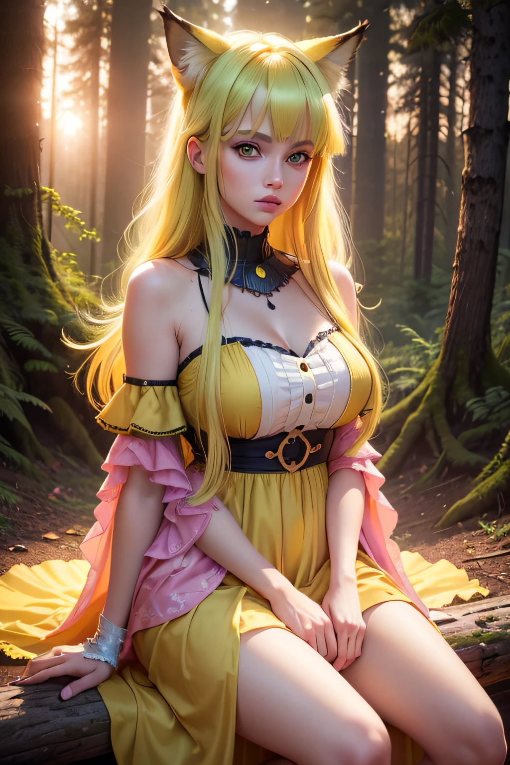 (best quality,4k,highres,ultra-detailed,realistic:1.2),girl,green bangs,yellow hair,yellow eyes,detailed eyes and face,fox,beautiful dress,vivid colors,Portraits Forest Background Pink Sunset Bright Pink Lips