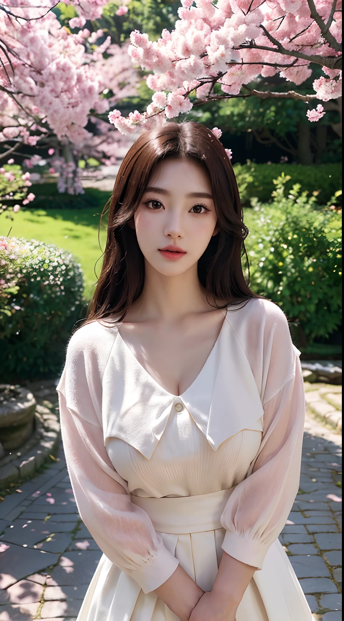 Best quality, 4K,8K,Realistic, Photorealistic, extremely detaile, An extremely delicate and beautiful, Photo, Japanese and Korean beauties，South Korean beauties，Wear JK, mini-skirts，Large breasts，perfect boobs，(Beautiful detailed eyes,beautiful detailed lips,Extremely detailed eyes and face,long eyelasher), Beautiful hair, joyful expressions, Surrounded by cherry blossom trees, Kawaii style, In a picturesque garden full of sunshine. The artwork is of the best quality, With ultra-detailed features and realistic, Realistic touch. vibrant with colors，The lighting creates a warm atmosphere, Dreamy atmosphere.