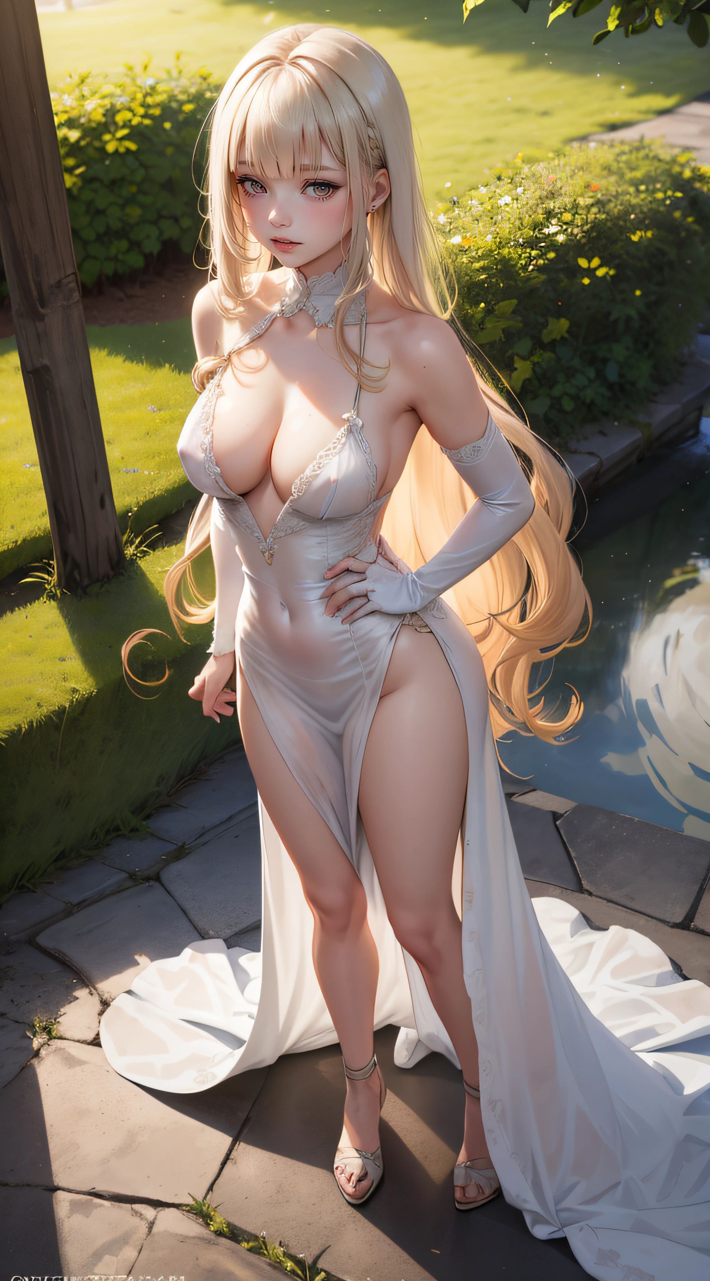 from above,1girl,(realistic:1.5,high resolution,best quality),masterpiece,full body,pale skin,(extra long shiny hair,blunt bangs,extra light amber hair,Curl outward,hair over one eye),pointy breasts,medium breasts,looking at viewer,(see through dress)