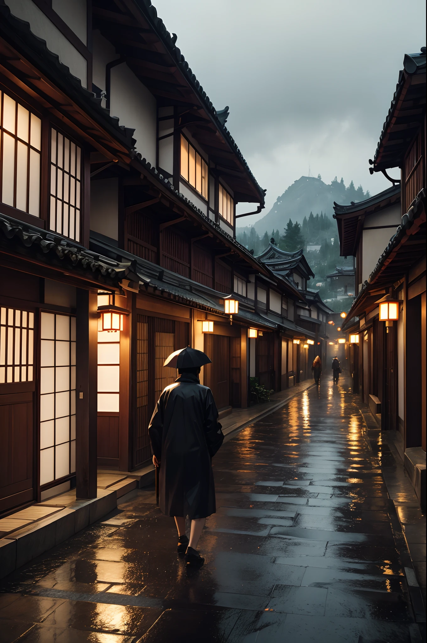 arafed view of a village with a lot of lights on the buildings, dreamy chinese town, chinese village, amazing wallpaper, japanese town, japanese village, hyper realistic photo of a town, old asian village, japanese city, by Raymond Han, rainy evening, cyberpunk chinese ancient castle, beautifully lit buildings, at evening during rain, beautiful and aesthetic, photography, cinematic, 8k, high detailed ((Heavy rain)))