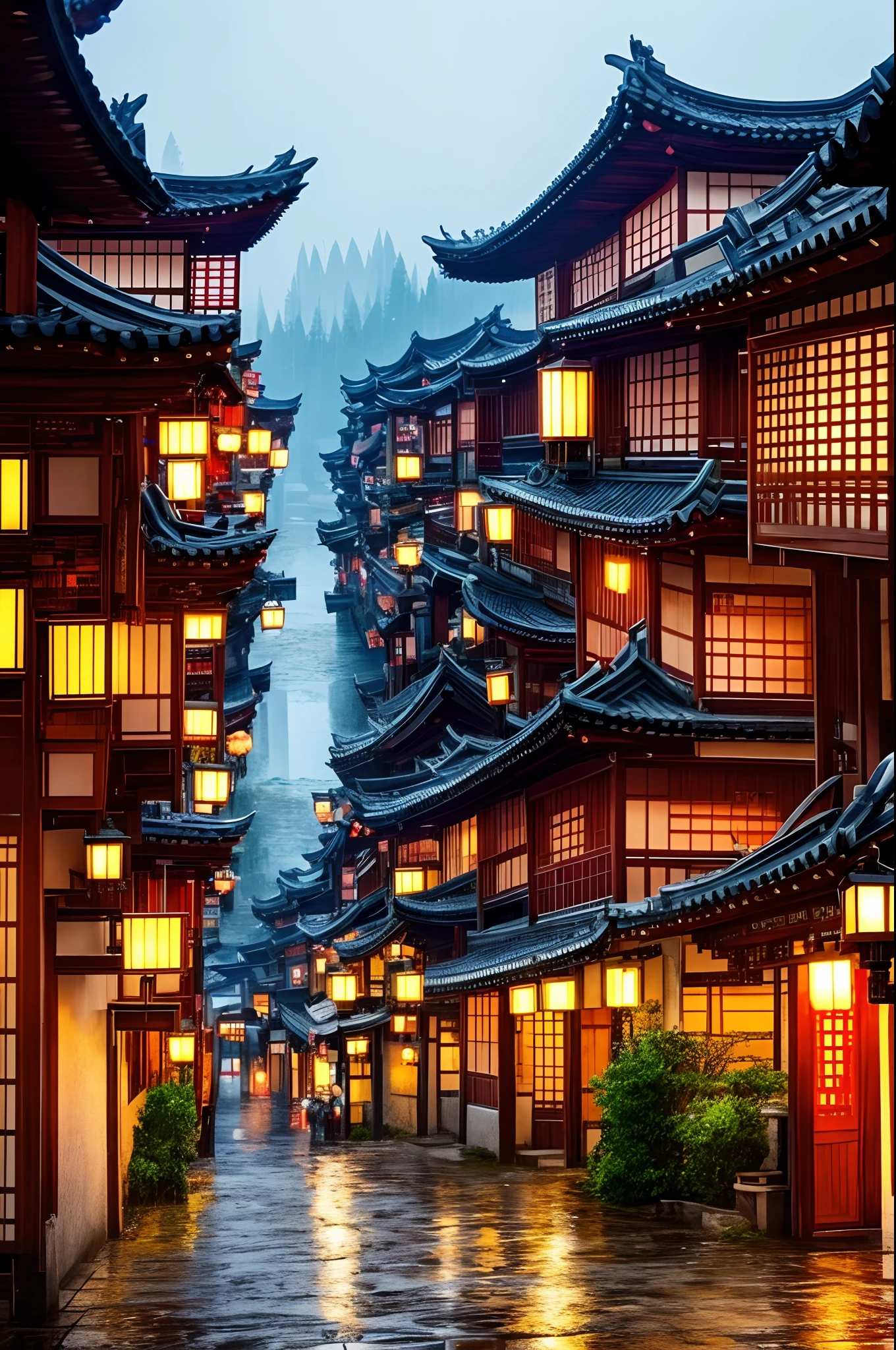 arafed view of a village with a lot of lights on the buildings, dreamy chinese town, chinese village, amazing wallpaper, japanese town, japanese village, hyper realistic photo of a town, old asian village, japanese city, by Raymond Han, rainy evening, cyberpunk chinese ancient castle, beautifully lit buildings, at evening during rain, beautiful and aesthetic, photography, cinematic, 8k, high detailed ((Heavy rain)))