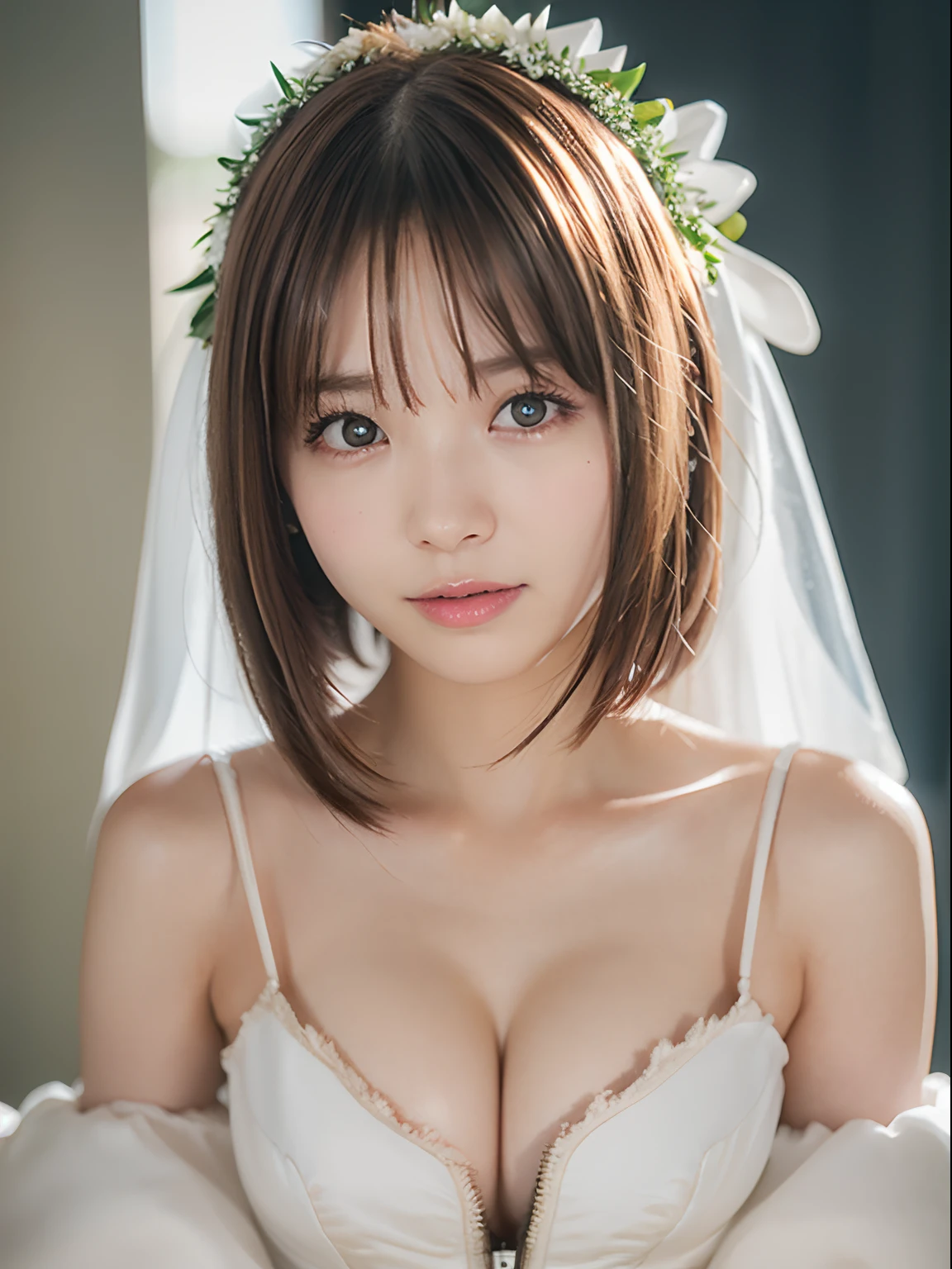 Bride 2nd place, Second Cosfit, (masutepiece:1.2), (ultra-detailliert), (8K, Convoluted), (85 mm), light Particle, Lighting, Full body, (Highly detailed:1.2), Breast Focus, (Detailed face:1,5), (rule of third_Composition:1.3), (Line of action:1.2), Daylight, Solo、Brown hair、Floating hair、Huge breasts, cowboyshot