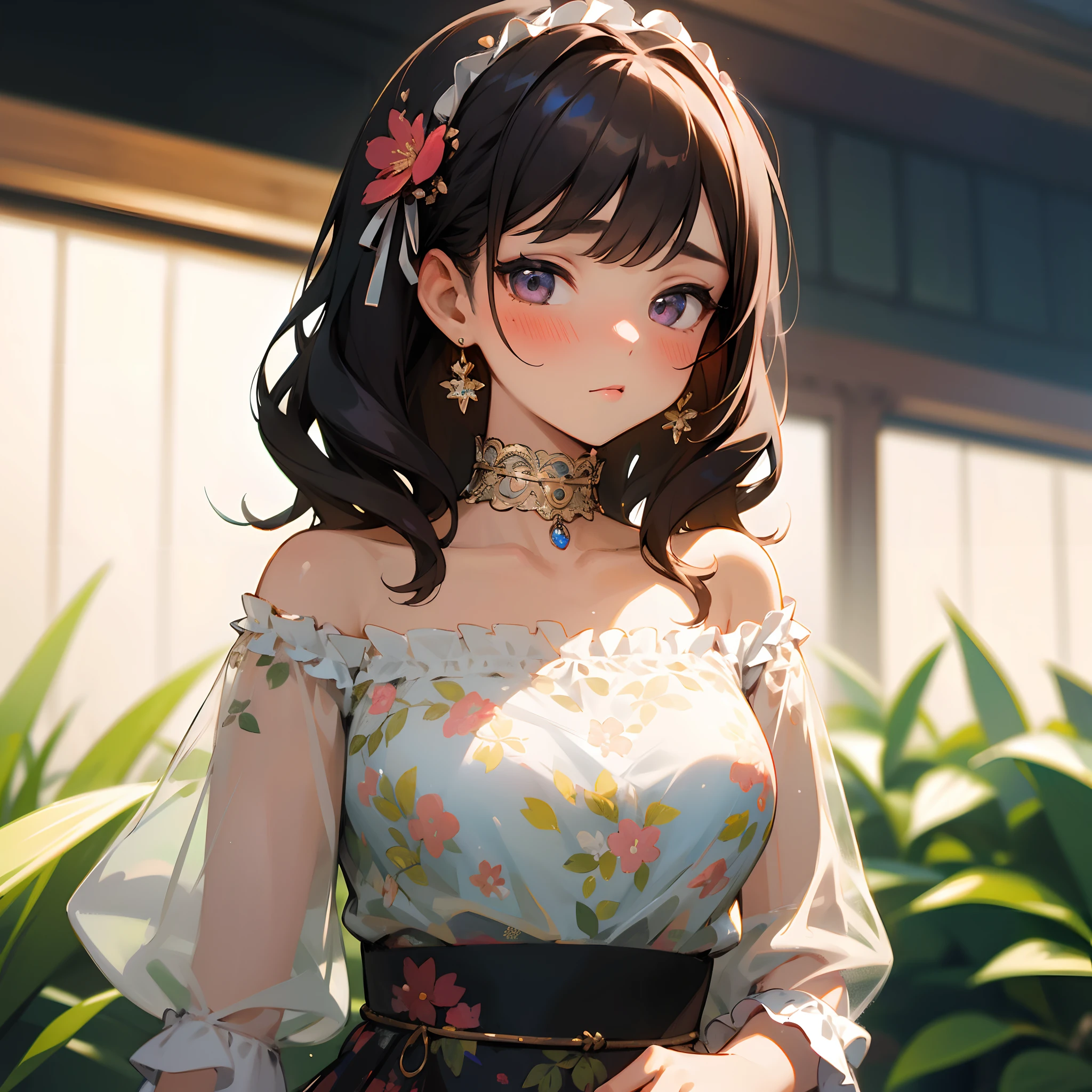 (best quality, masterpiece), 1girl, intricate details, off shoulder, skirt, choker, frills, see-through, looking at viewer, blush, upper body, blurry background, floral print, contrapposto