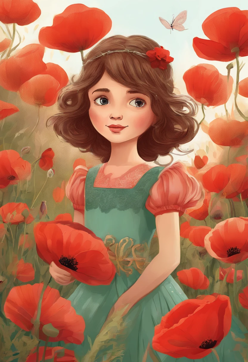 Illustration of a girl, con un vestido rojo, playing in a poppy garden, short brown hair, kids book illustration, cute storybook illustration, ADorable pintura Digital, illustration for children, childrens illustration, hermoso arte digital,